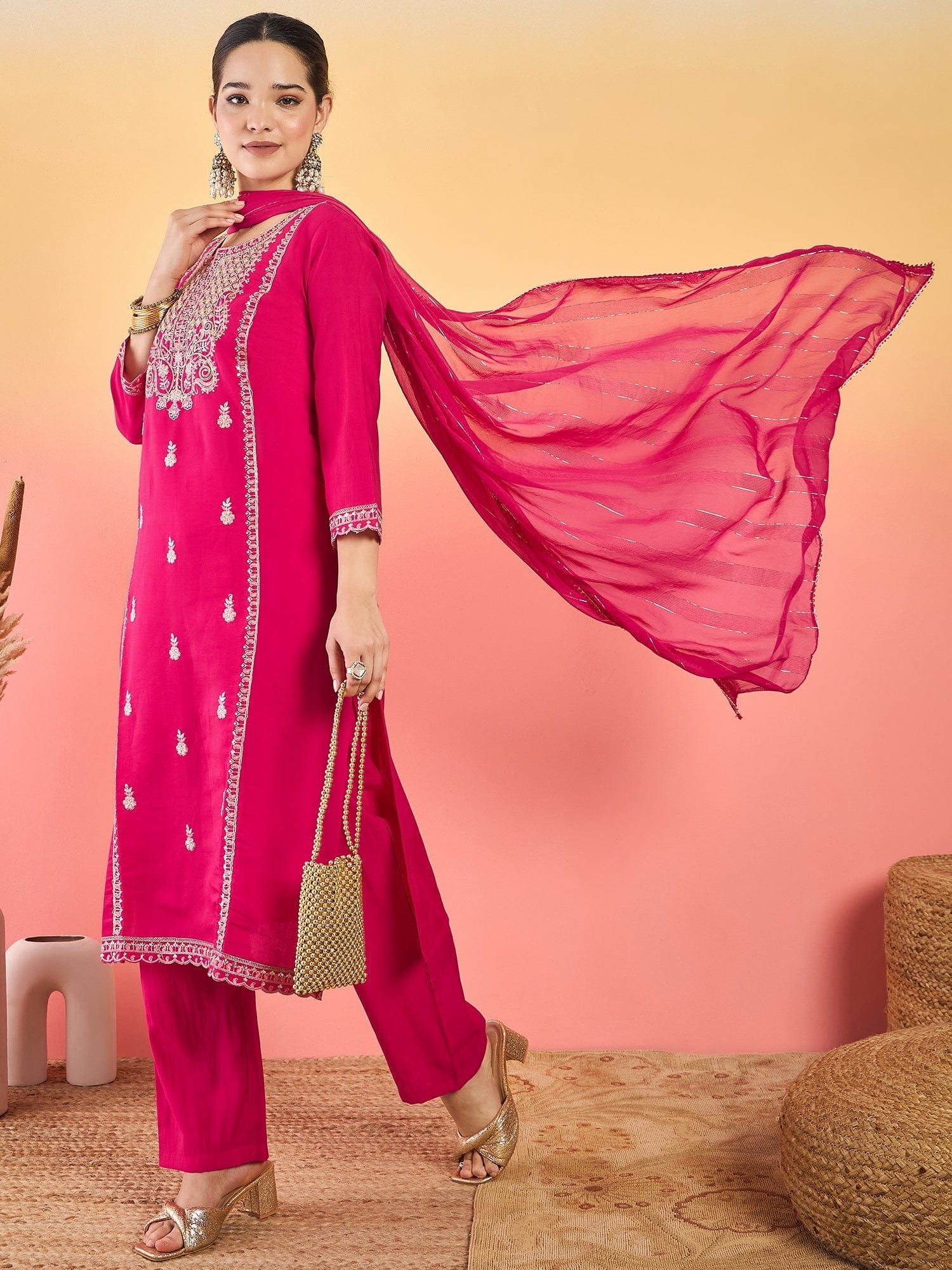 The Kurti Collection Kurta Adorned With Thread Embroidery, Teamed With Trousers And Paired With Dupatta Featuring Lace Detailing
