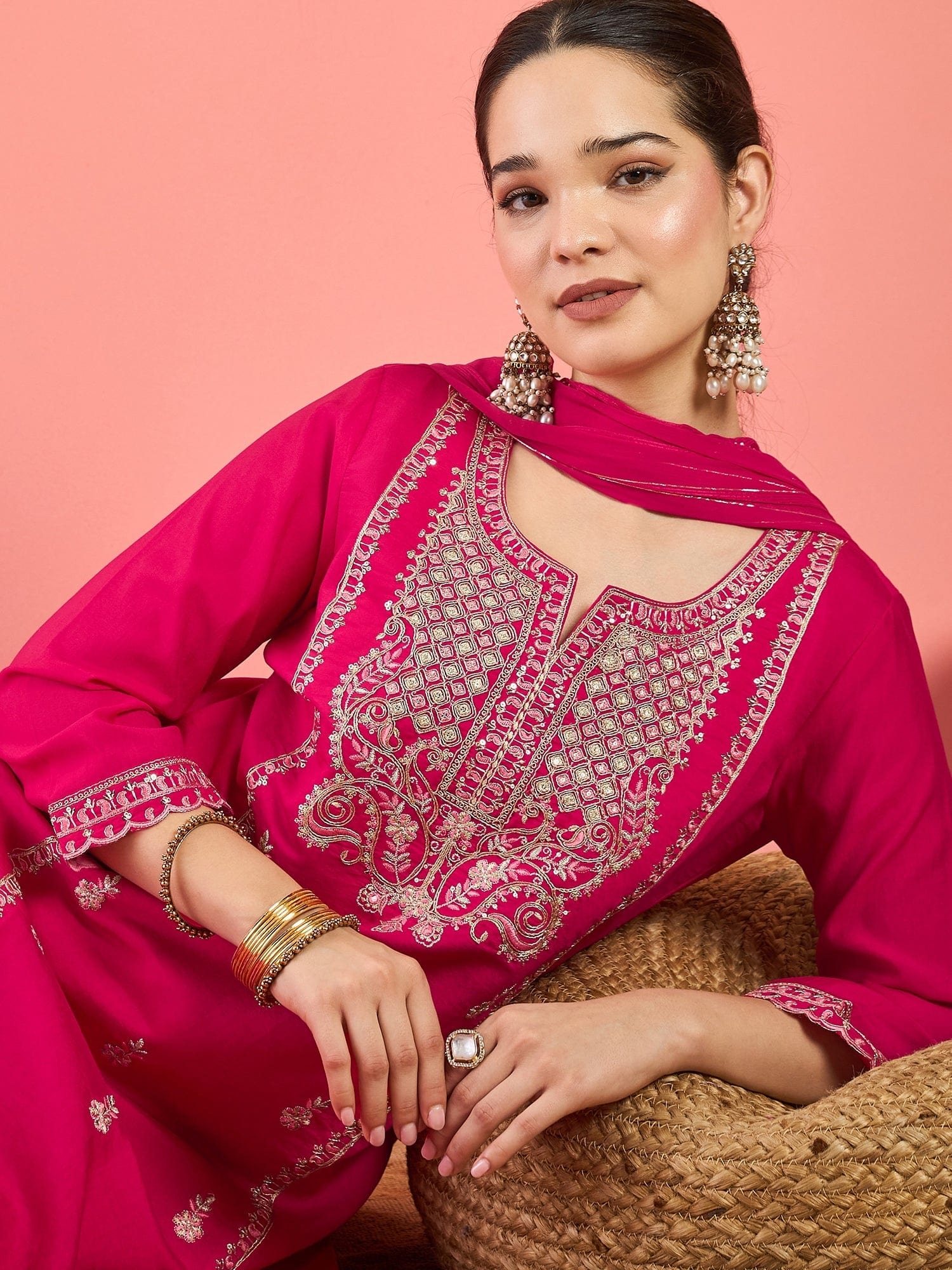 The Kurti Collection Kurta Adorned With Thread Embroidery, Teamed With Trousers And Paired With Dupatta Featuring Lace Detailing