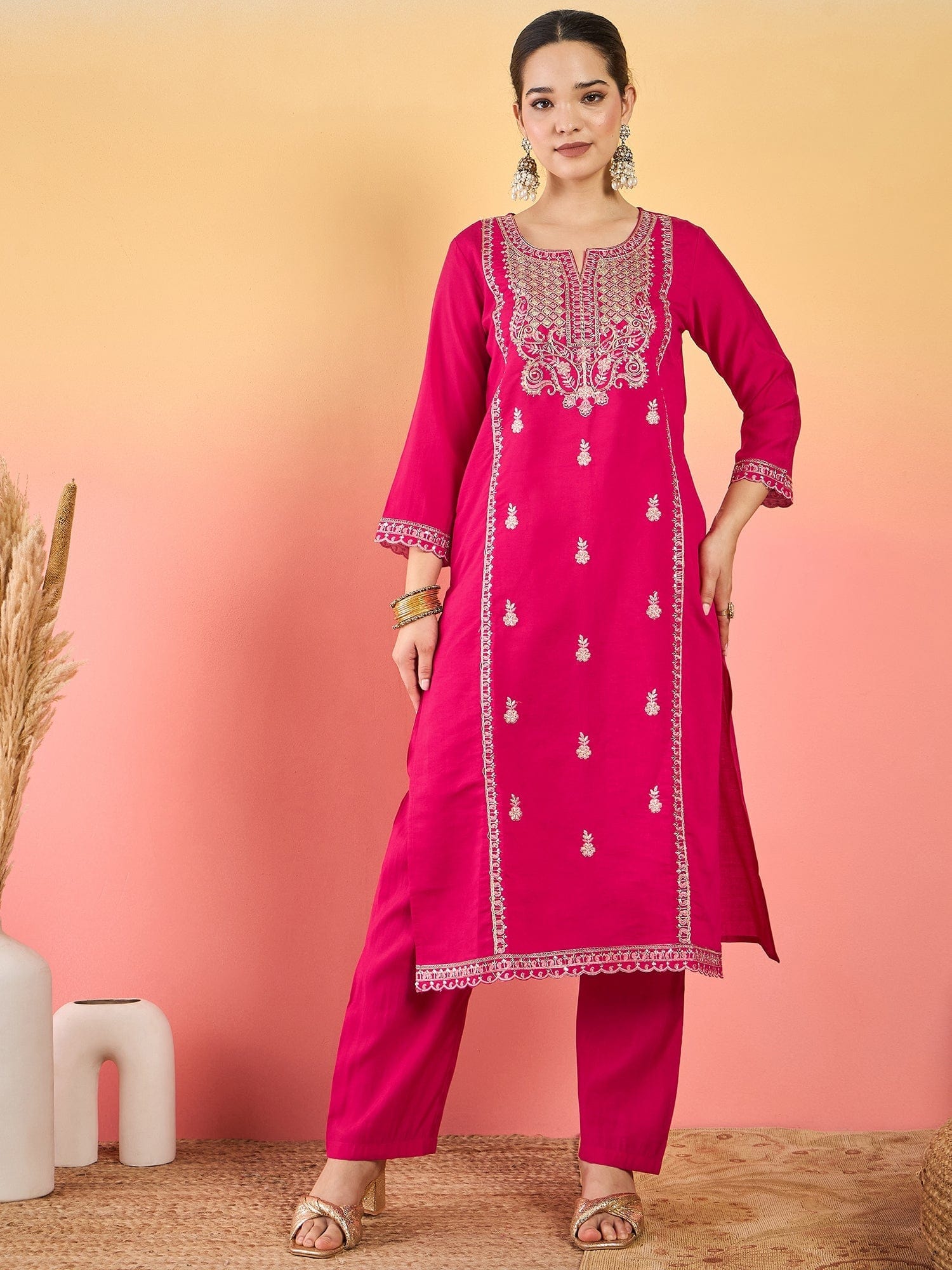 The Kurti Collection Kurta Adorned With Thread Embroidery, Teamed With Trousers And Paired With Dupatta Featuring Lace Detailing