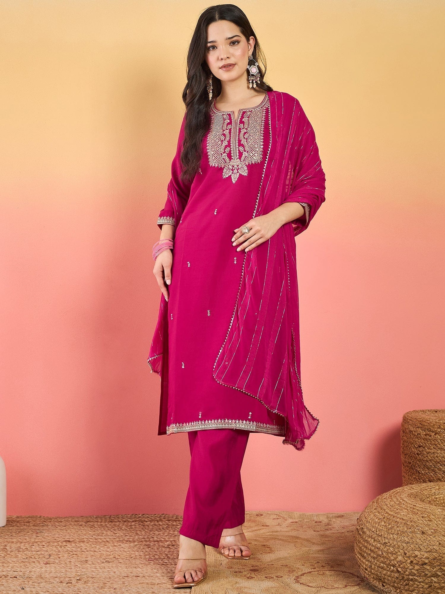 The Kurti Collection Kurta Adorned With Thread Embroidery, Teamed With Trousers And Paired With Dupatta With And Lace Detailing