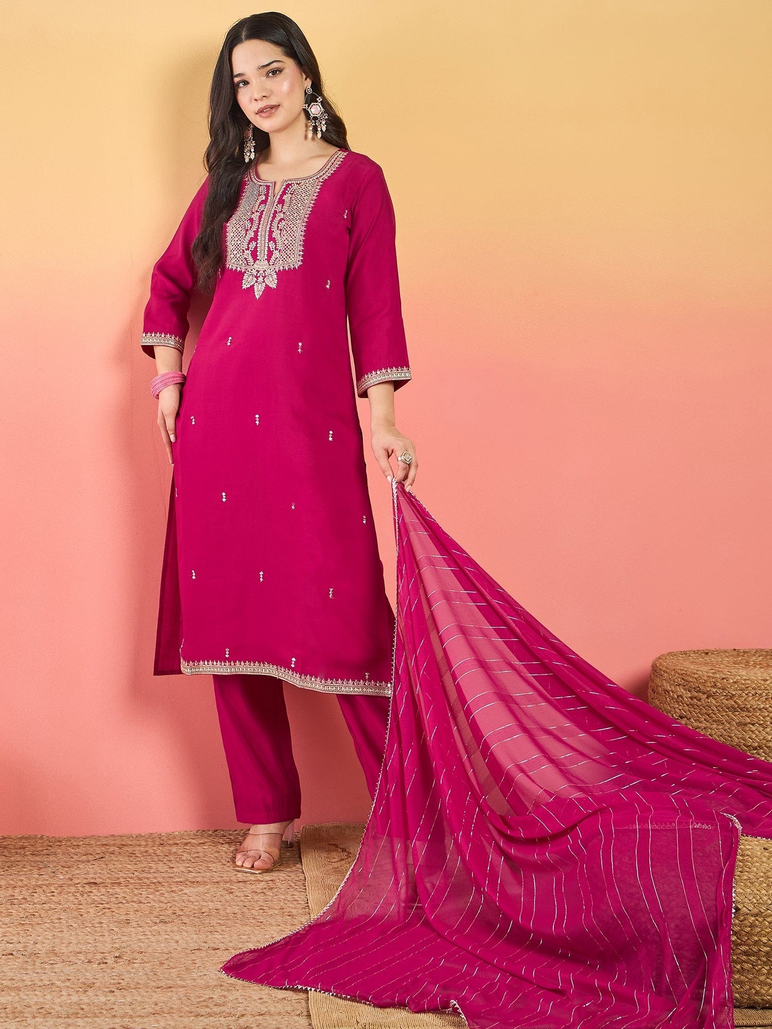 The Kurti Collection Kurta Adorned With Thread Embroidery, Teamed With Trousers And Paired With Dupatta With And Lace Detailing