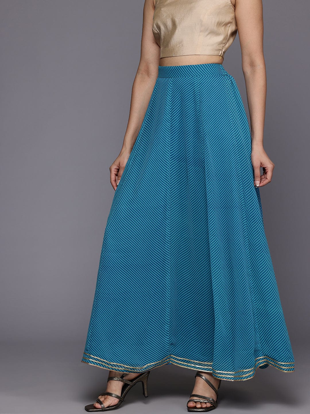 The Kurti Collection Women Blue Leheriya Printed Gota Embellished Skirt