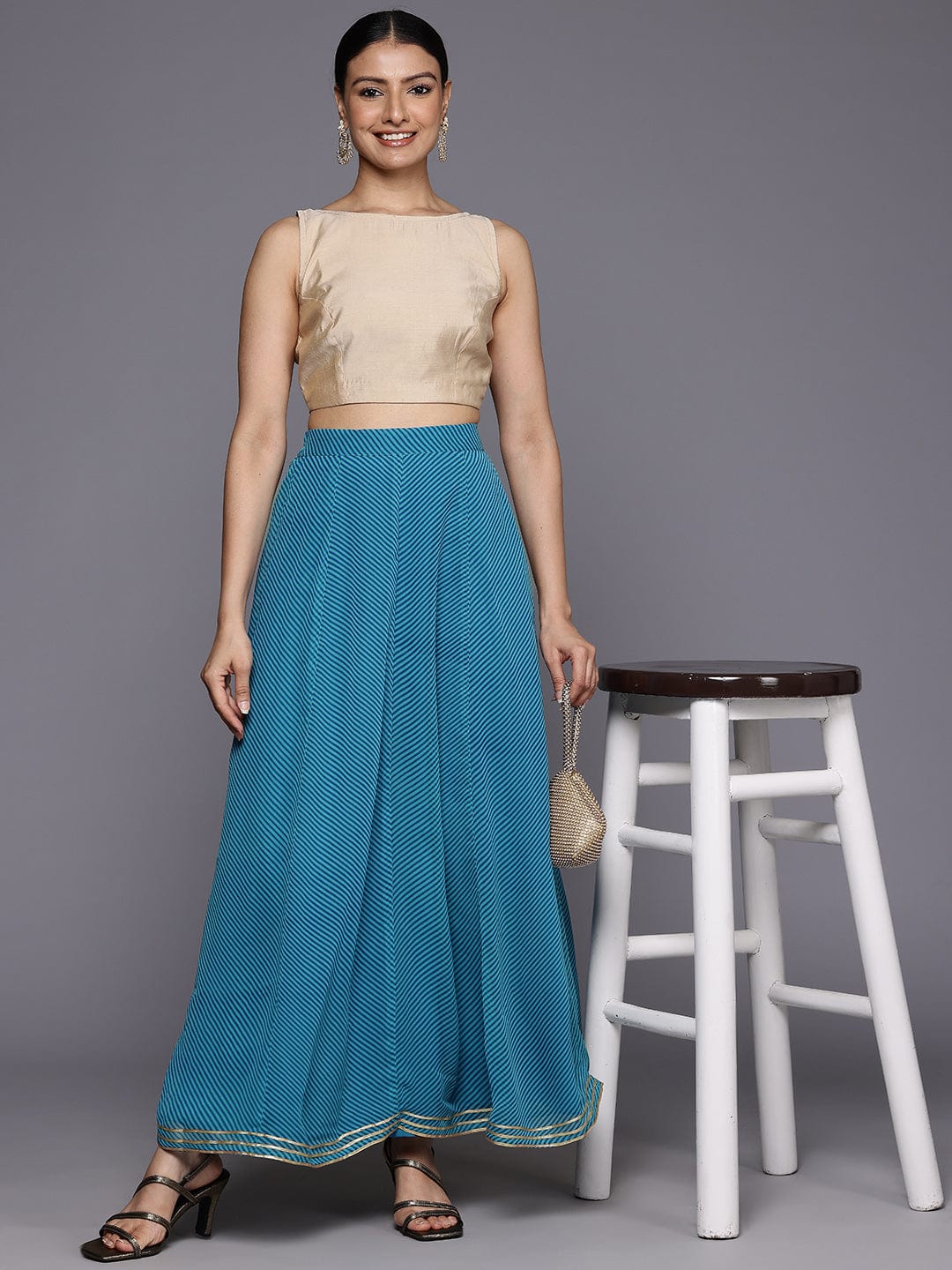 The Kurti Collection Women Blue Leheriya Printed Gota Embellished Skirt