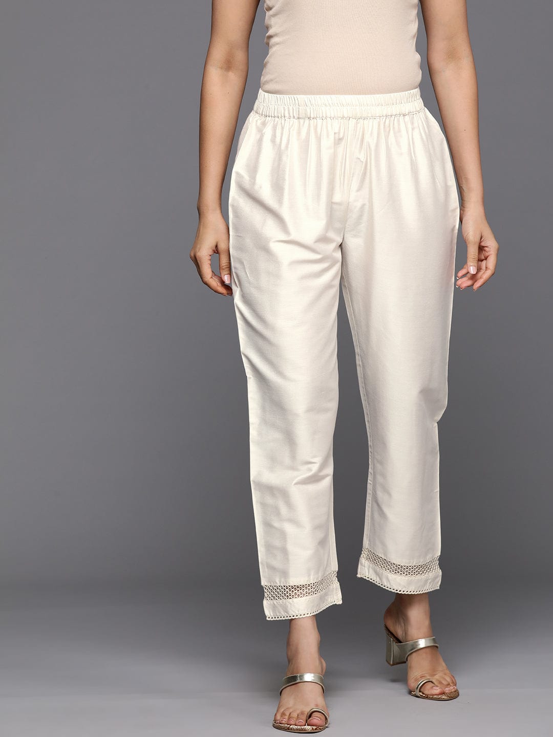 The Kurti Collection Women Off White Cotton Lace Embellished Bottom