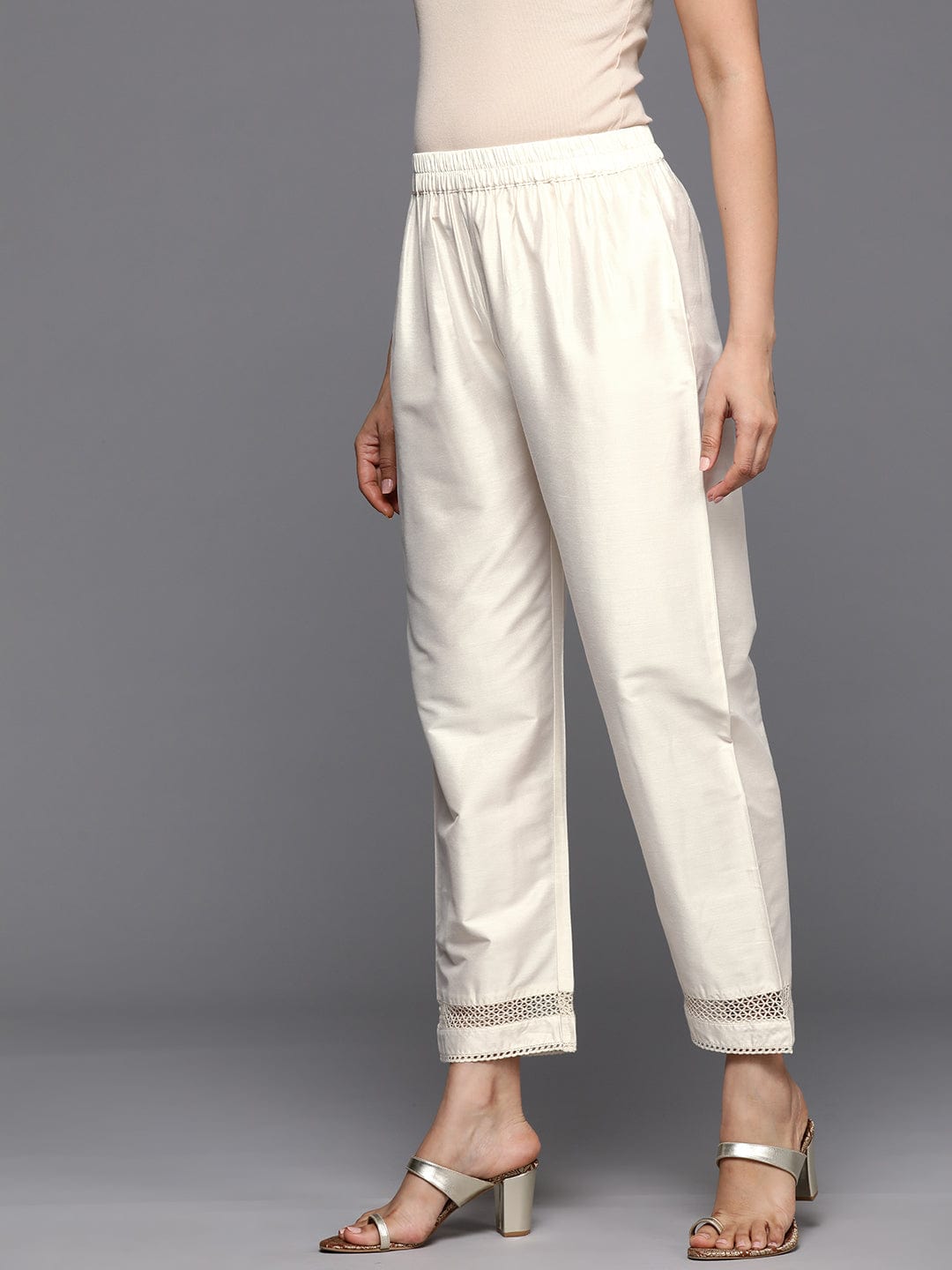 The Kurti Collection Women Off White Cotton Lace Embellished Bottom
