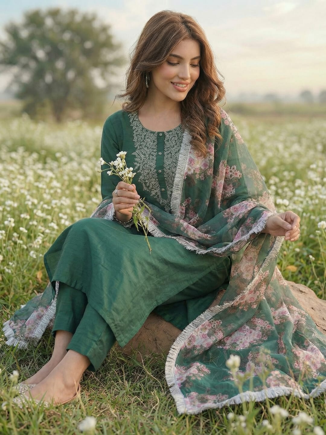 The Kurti Collection Green embroidered kurta with tonal trouser and printed dupattta