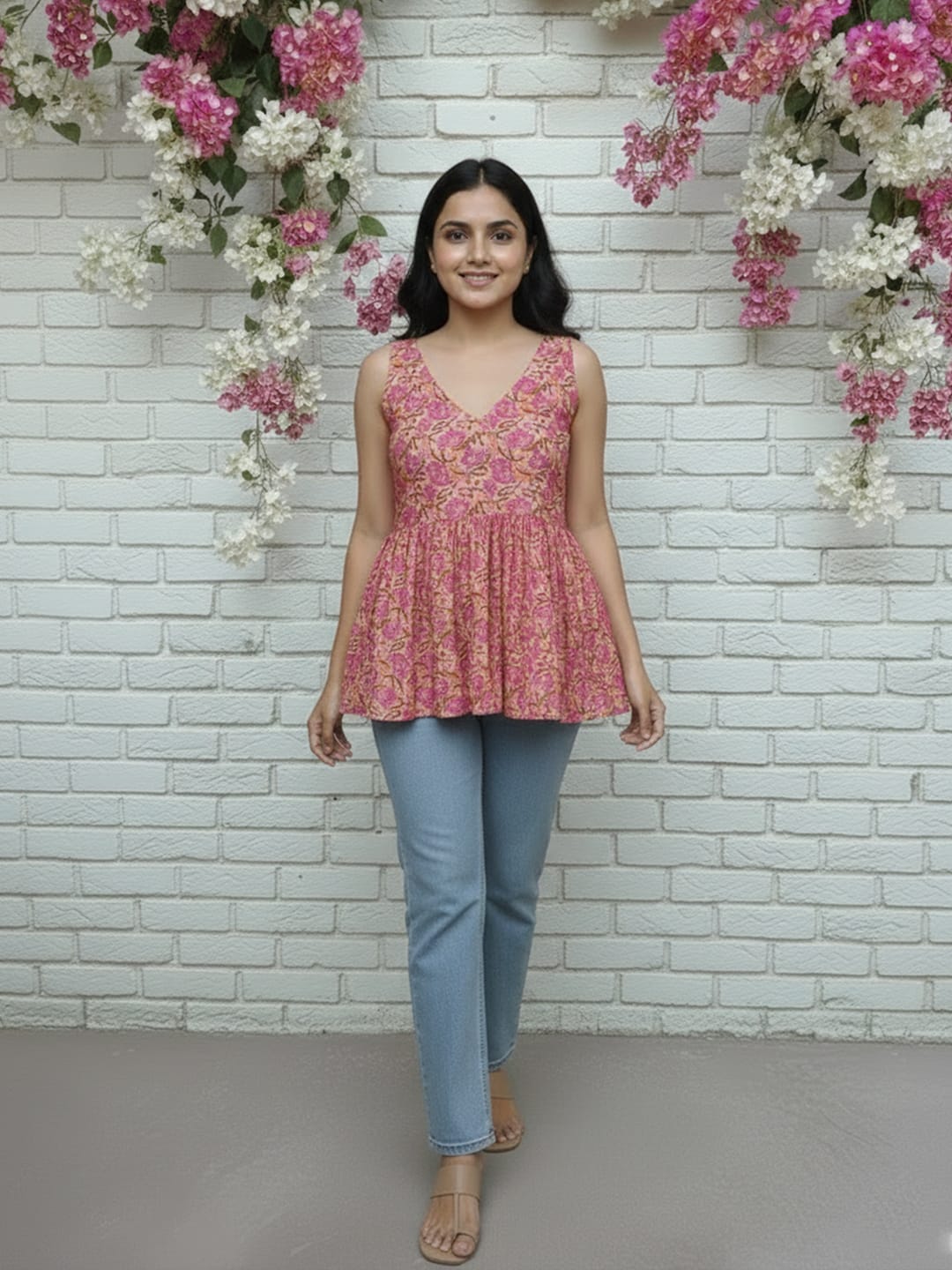 Ethnic Print Strap Sleeve Babydoll Top