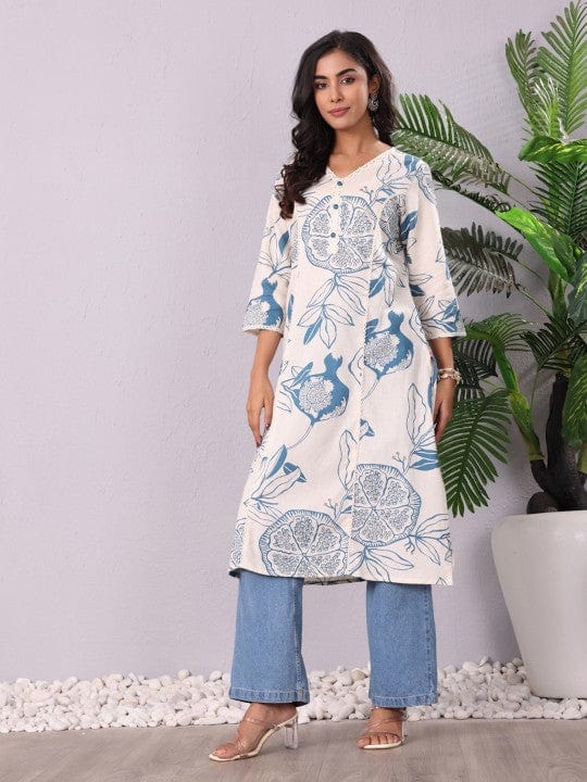 The Kurti Collection White & Blue Floral Printed V-Neck Sequinned Panelled Cotton A-Line Kurta