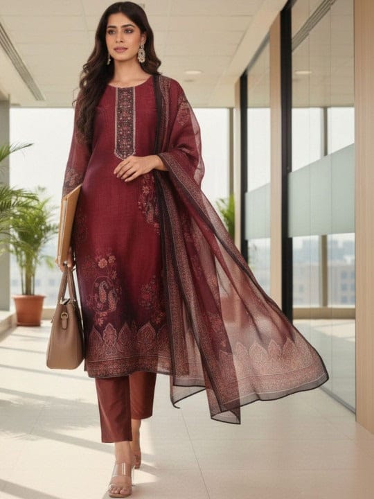 The Kurti Collection Women Maroon Floral Printed Kurta Paired With Bottom And Dupatta
