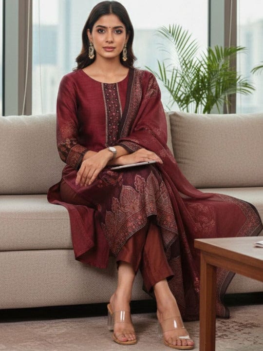 The Kurti Collection Women Maroon Floral Printed Kurta Paired With Bottom And Dupatta