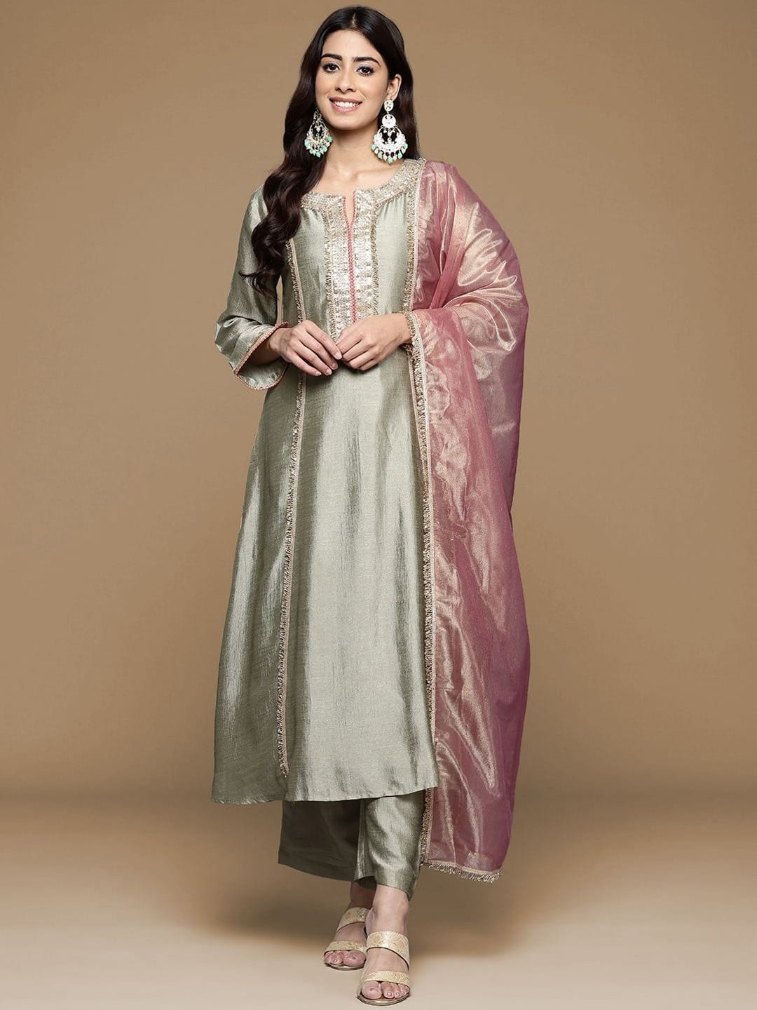 The Kurti Collection Women Round Neck Pista Green Lace Embellished Kurta Paired With Bottom And Tissue Silk Dupatta