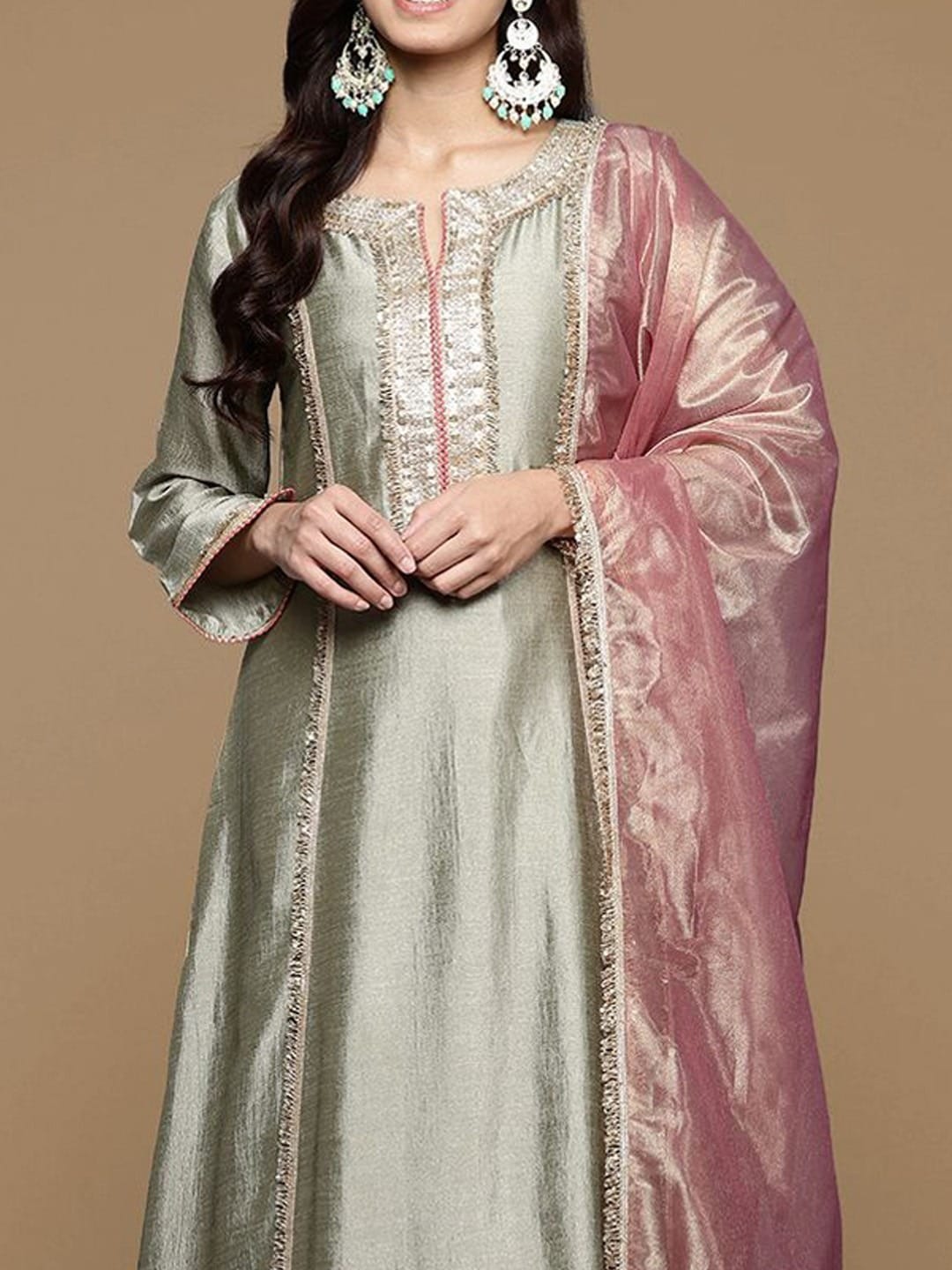 The Kurti Collection Women Round Neck Pista Green Lace Embellished Kurta Paired With Bottom And Tissue Silk Dupatta