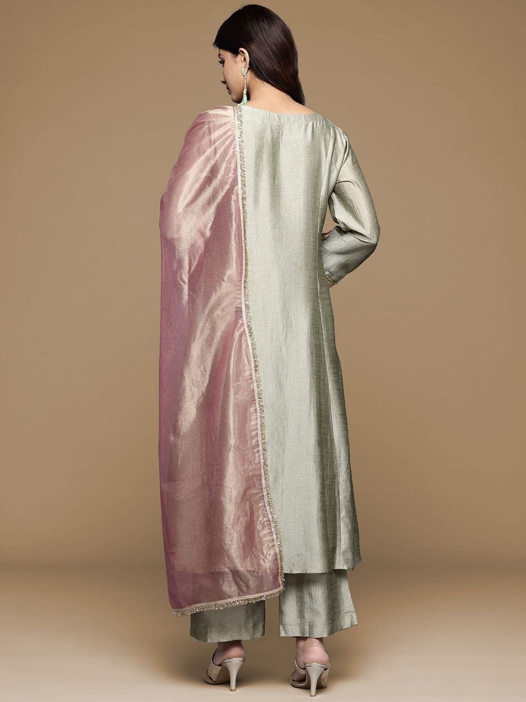 The Kurti Collection Women Round Neck Pista Green Lace Embellished Kurta Paired With Bottom And Tissue Silk Dupatta