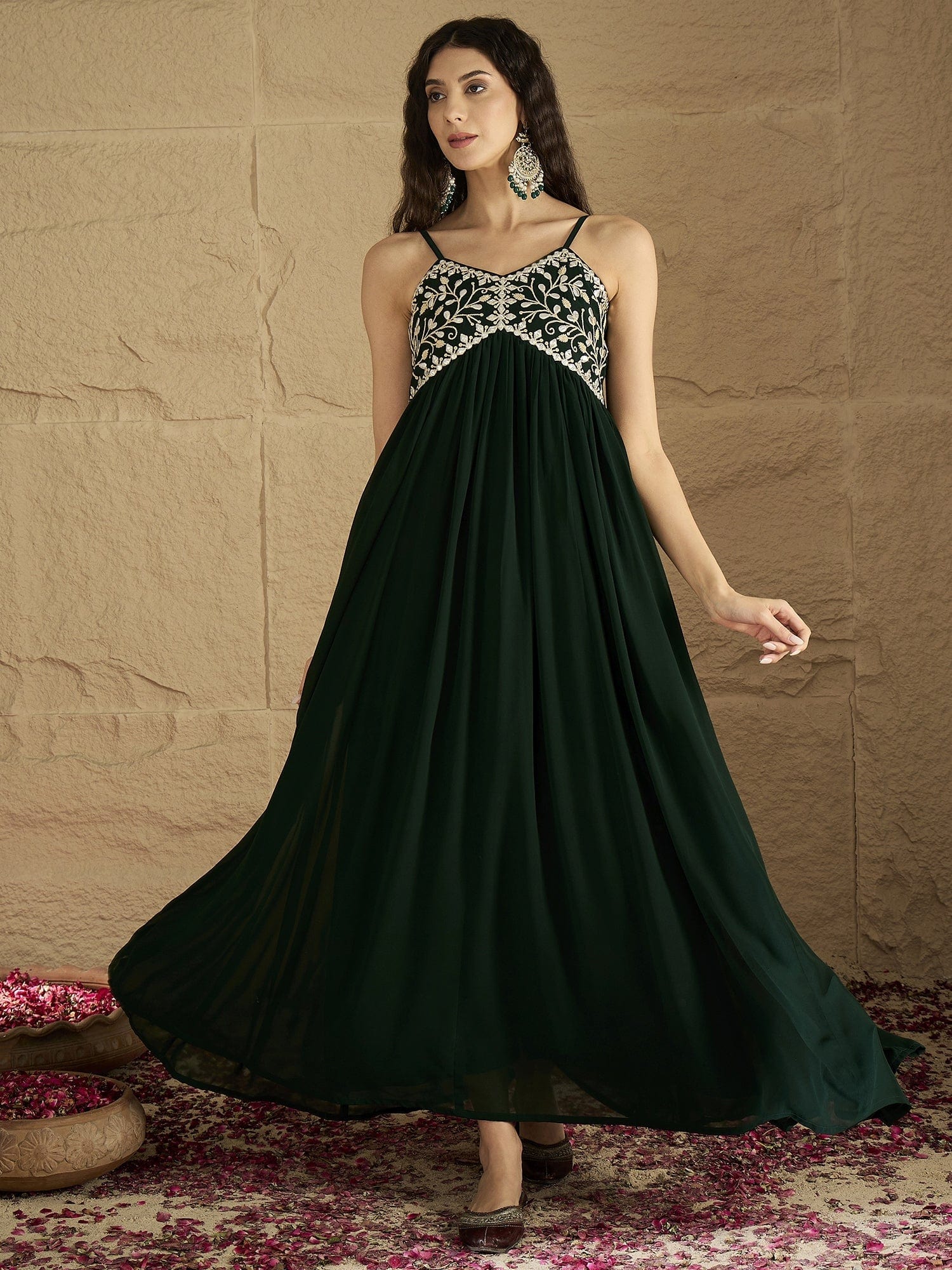The Kurti Collection Women Green Gota Patti Zari Embroidered Yoke Long Anarkali.
