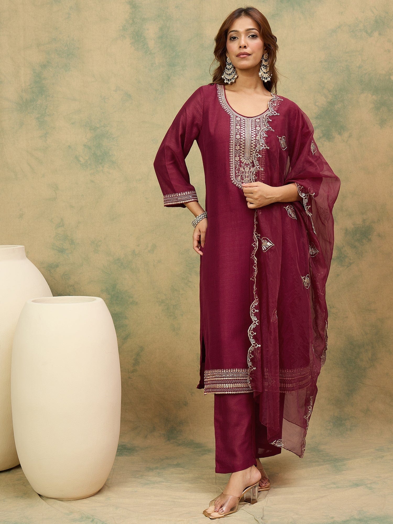 The Kurti Collection Women Zari & Sequin Embroidered Yoke Kurta With Trouser & Dupatta