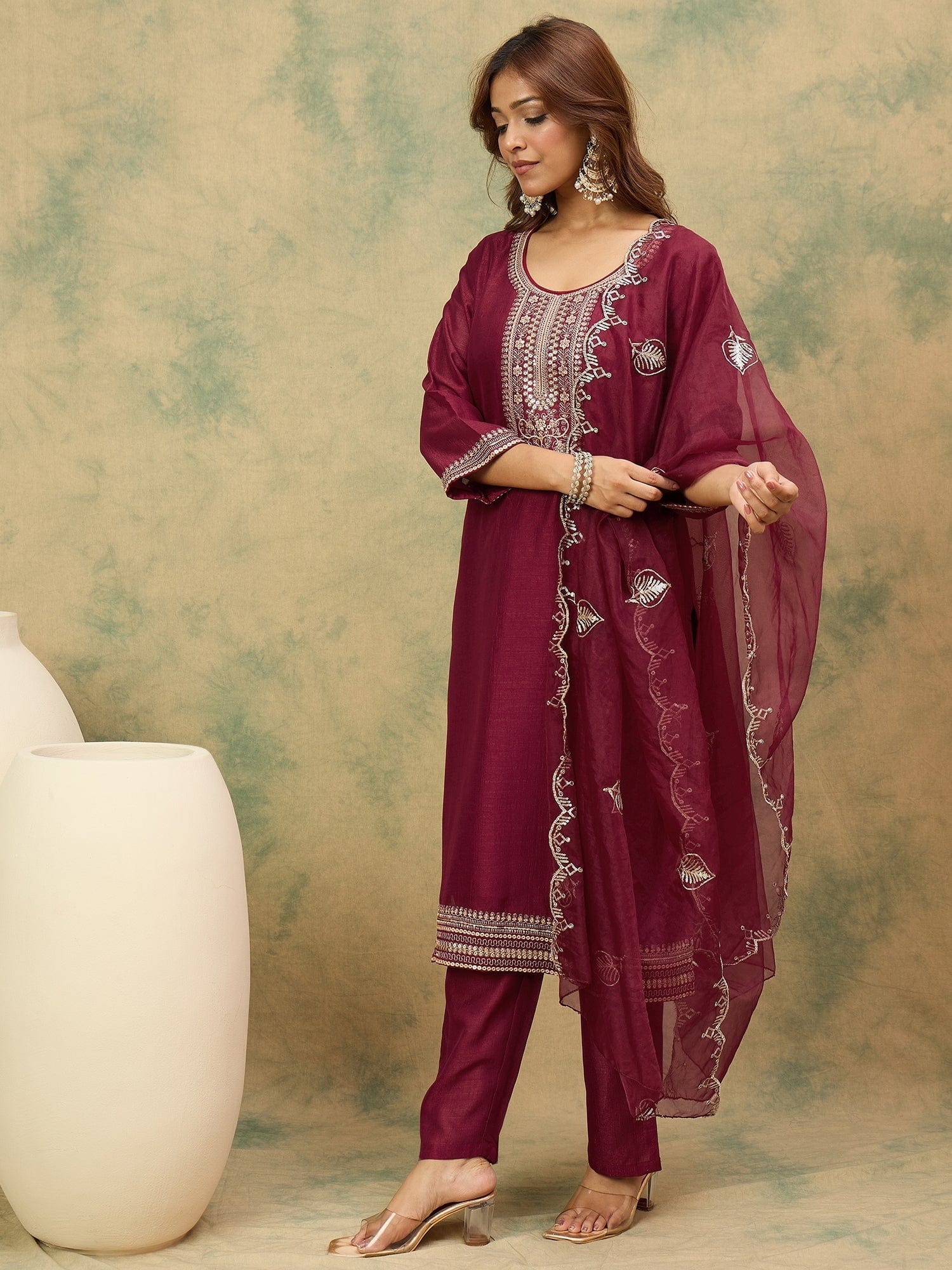 The Kurti Collection Women Zari & Sequin Embroidered Yoke Kurta With Trouser & Dupatta