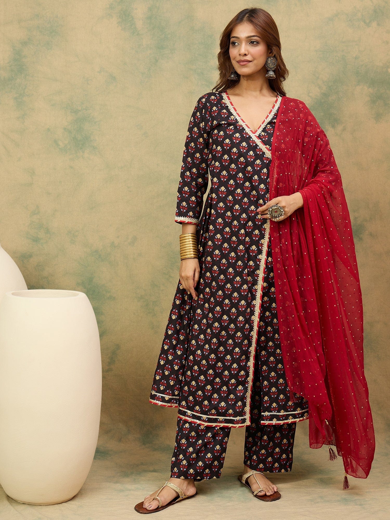 The Kurti Collection Women Floral Printed Angrakha Kurta with Trousers & with Dupatta