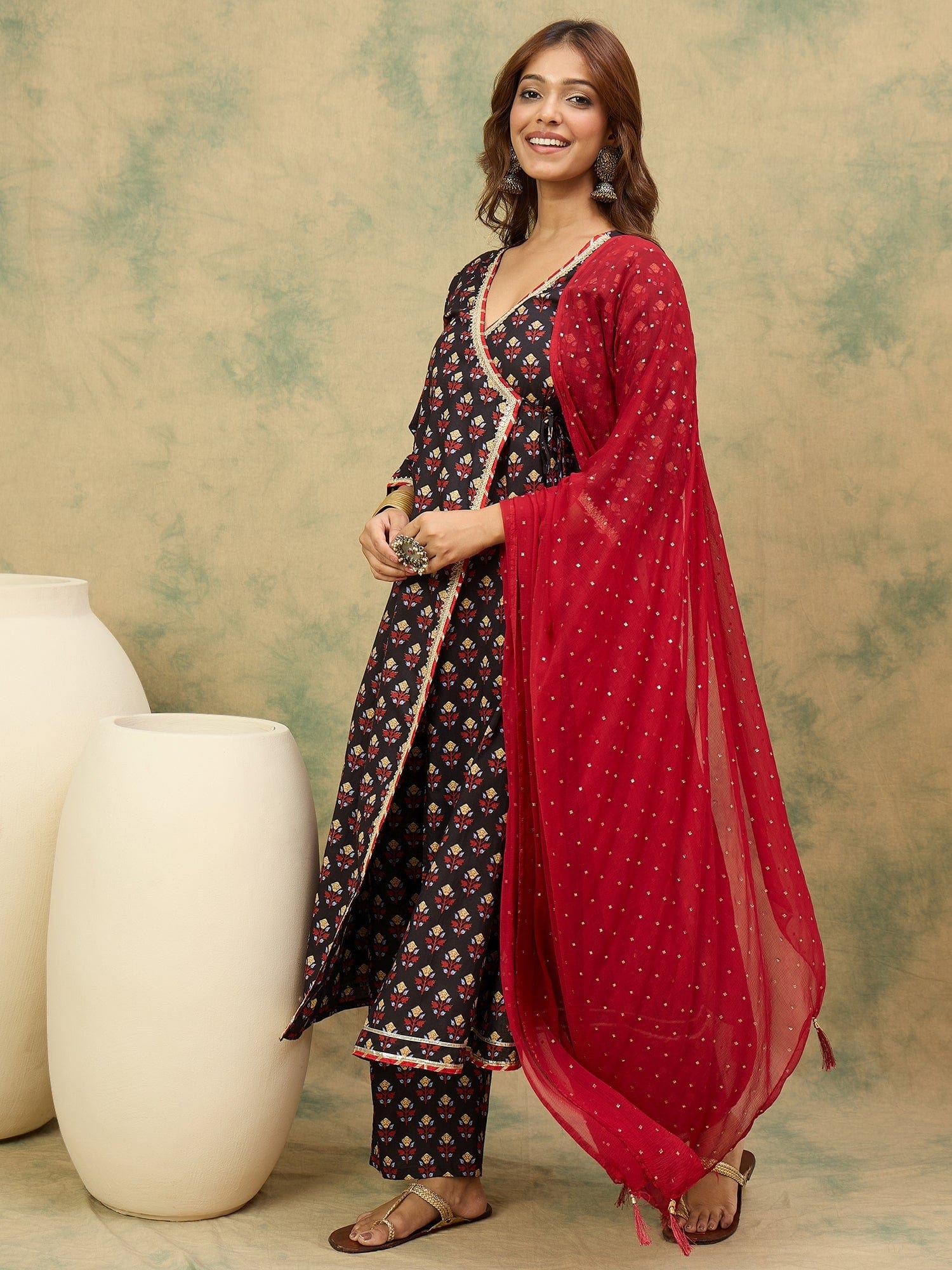 The Kurti Collection Women Floral Printed Angrakha Kurta with Trousers & with Dupatta
