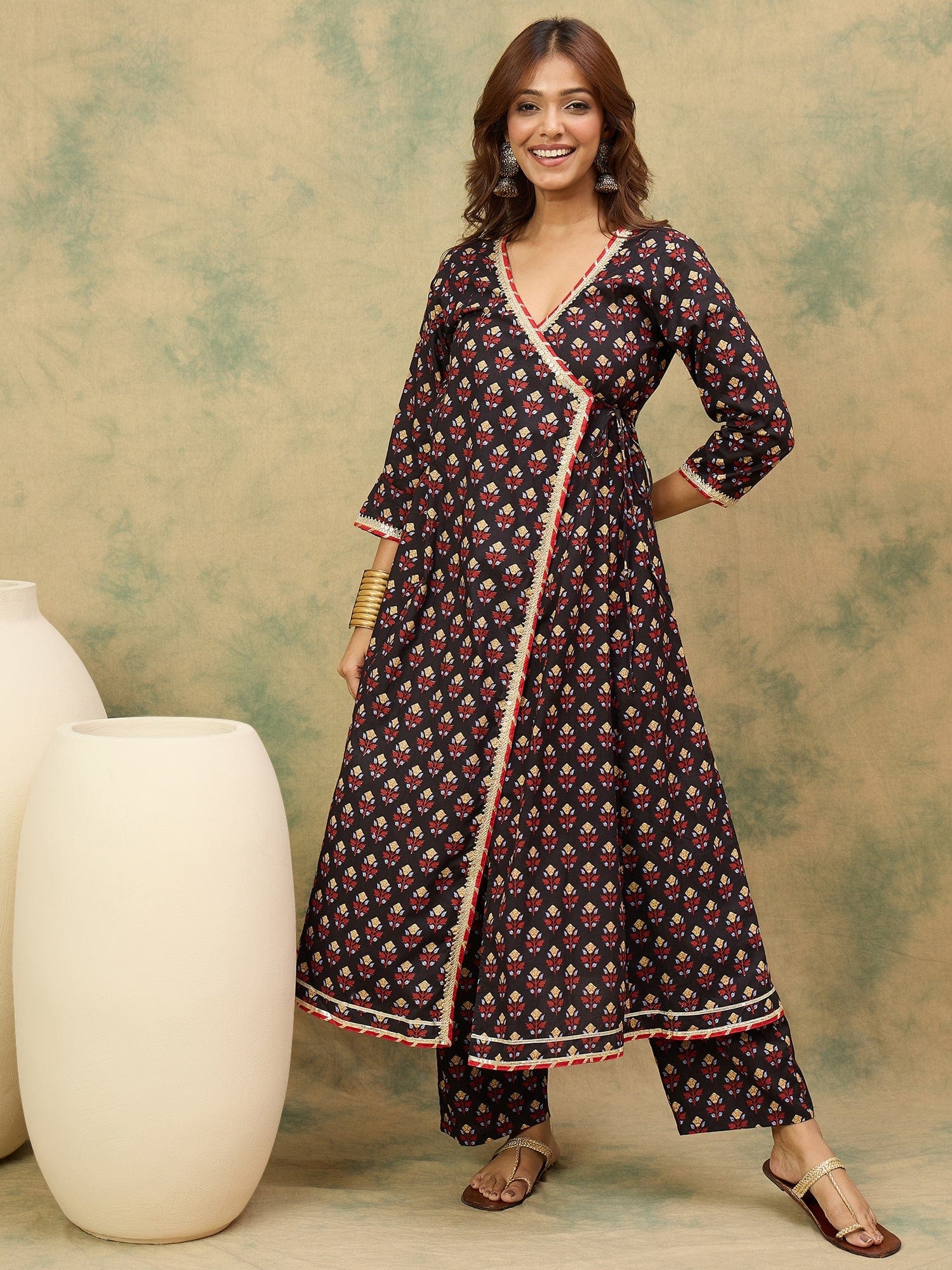 Varanga Women Floral Printed Angrakha Kurta with Trousers & with Dupatta