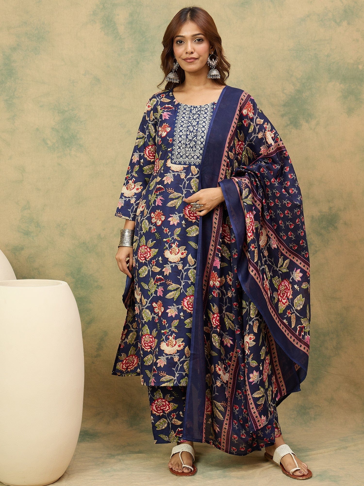 The Kurti Collection Floral Printed Thread Work Straight Kurta with Trousers & Dupatta