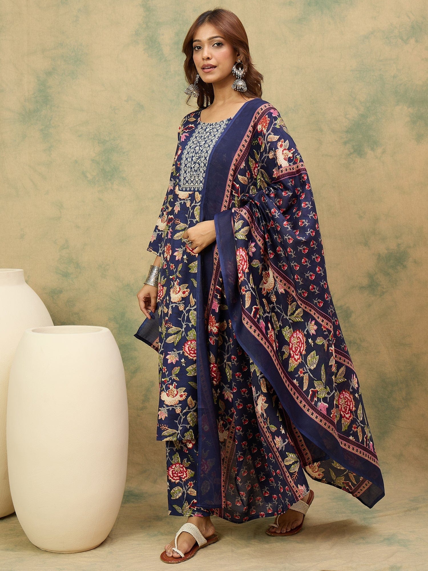 The Kurti Collection Floral Printed Thread Work Straight Kurta with Trousers & Dupatta