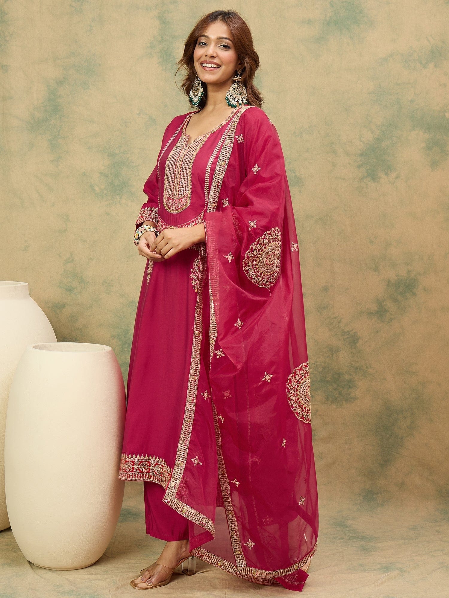 Zari Embroidered A Line Kurta With Trouser & Dupatta