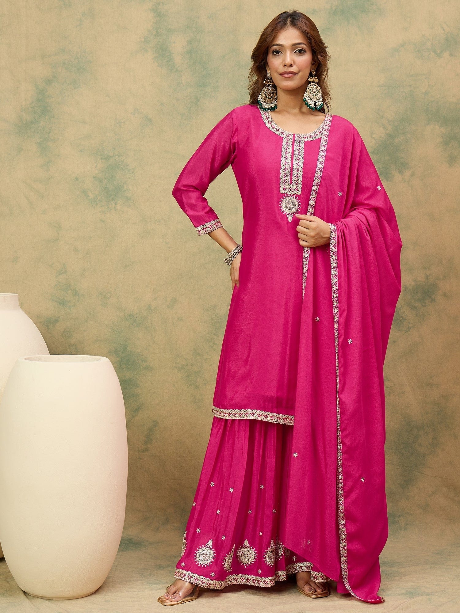 The Kurti Collection Women Zari Embroidered Yoke Kurta With Sharara And Dupatta