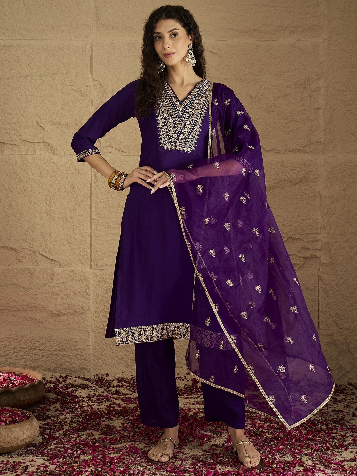 The Kurti Collection Women Zari Embroidered Yoke Kurta With Trouser & Sequins Detailed Dupatta