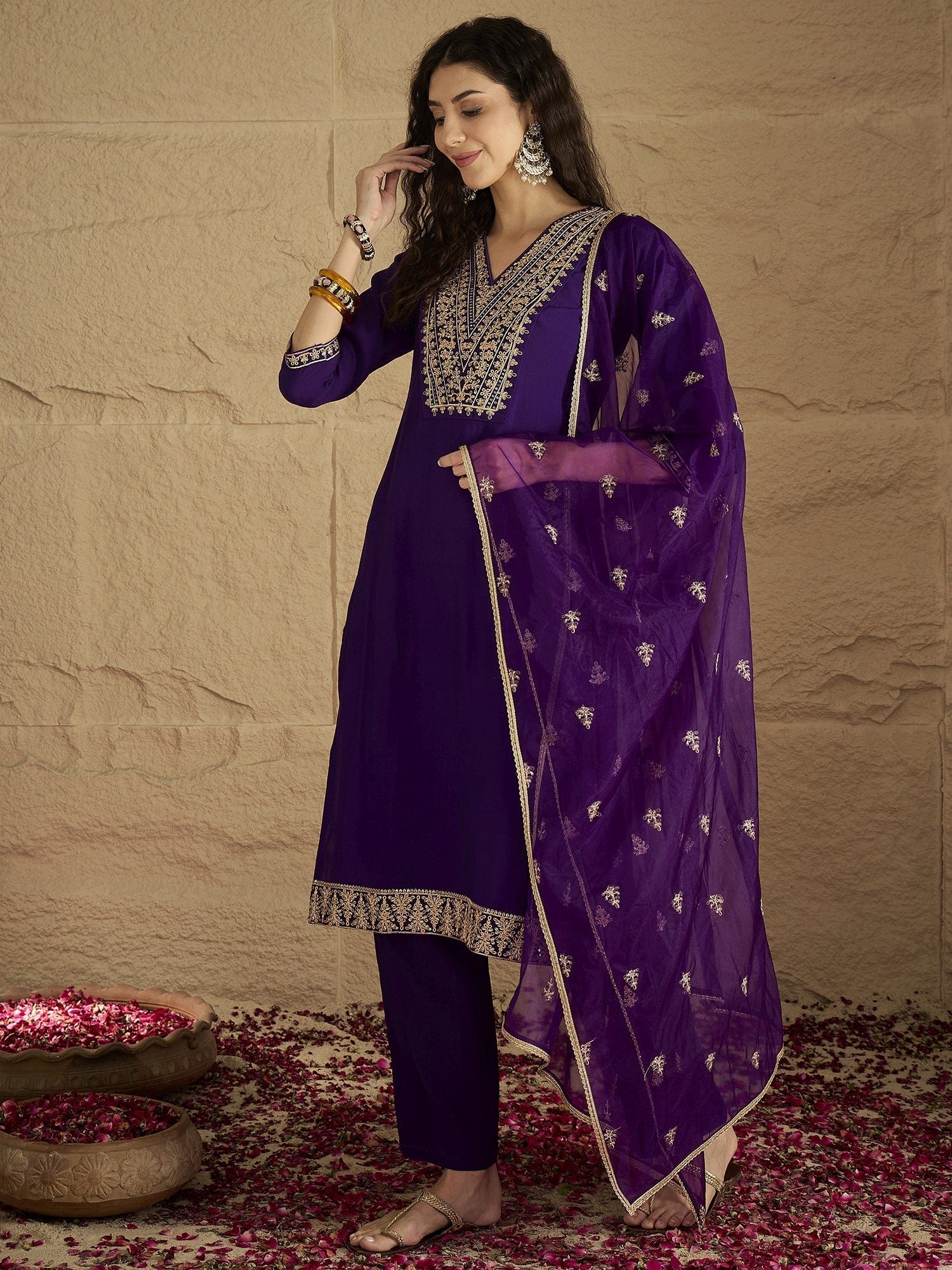 The Kurti Collection Women Zari Embroidered Yoke Kurta With Trouser & Sequins Detailed Dupatta