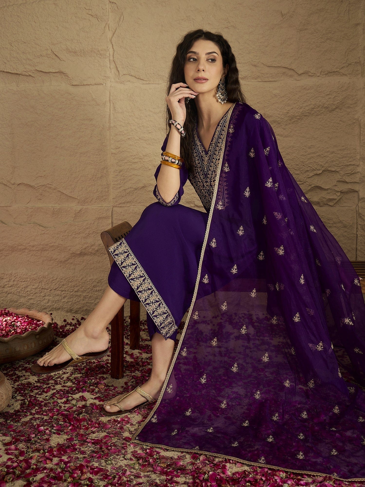 Varanga Women Zari Embroidered Yoke Kurta With Trouser & Sequins Detailed Dupatta
