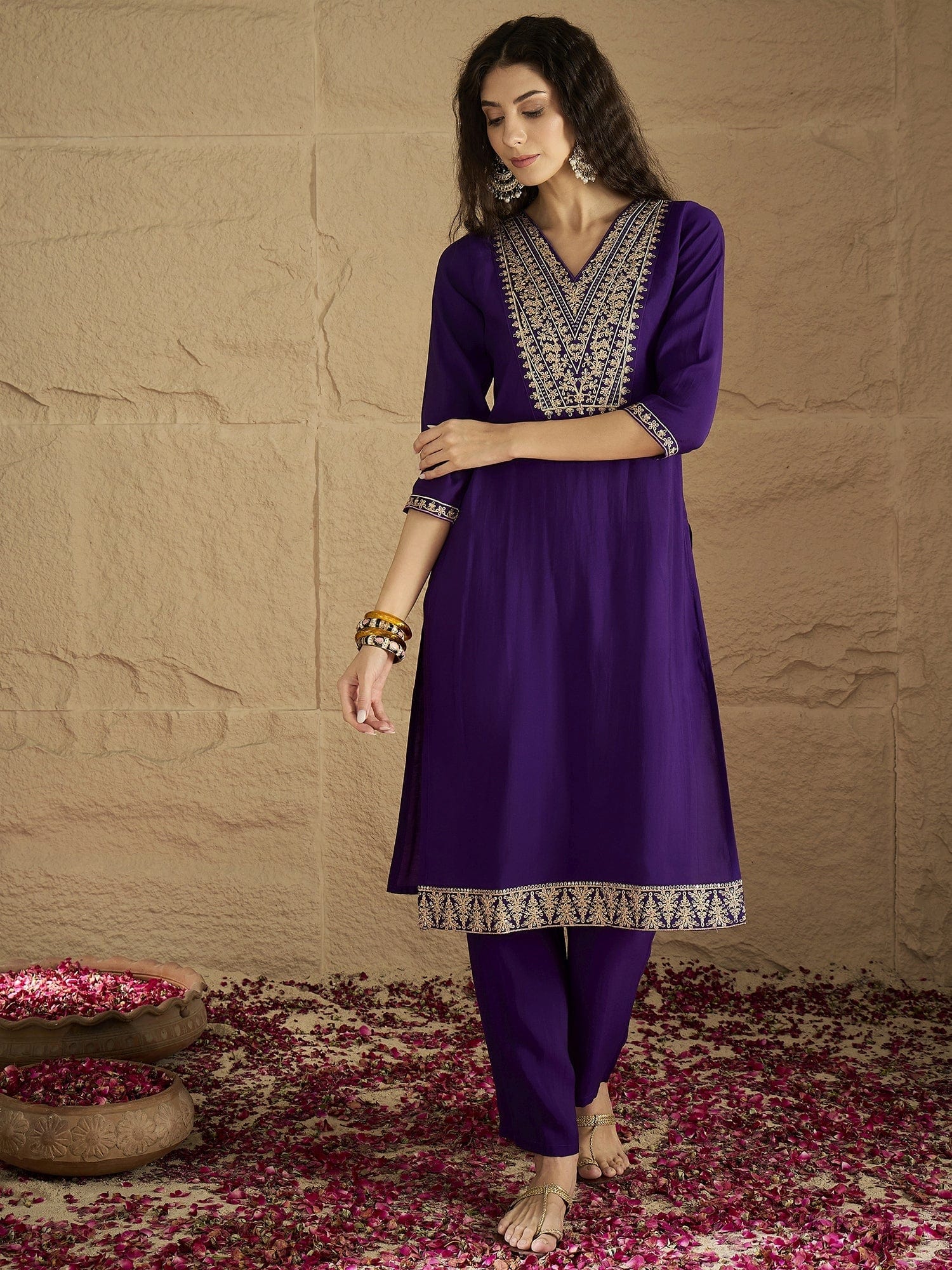 Varanga Women Zari Embroidered Yoke Kurta With Trouser & Sequins Detailed Dupatta