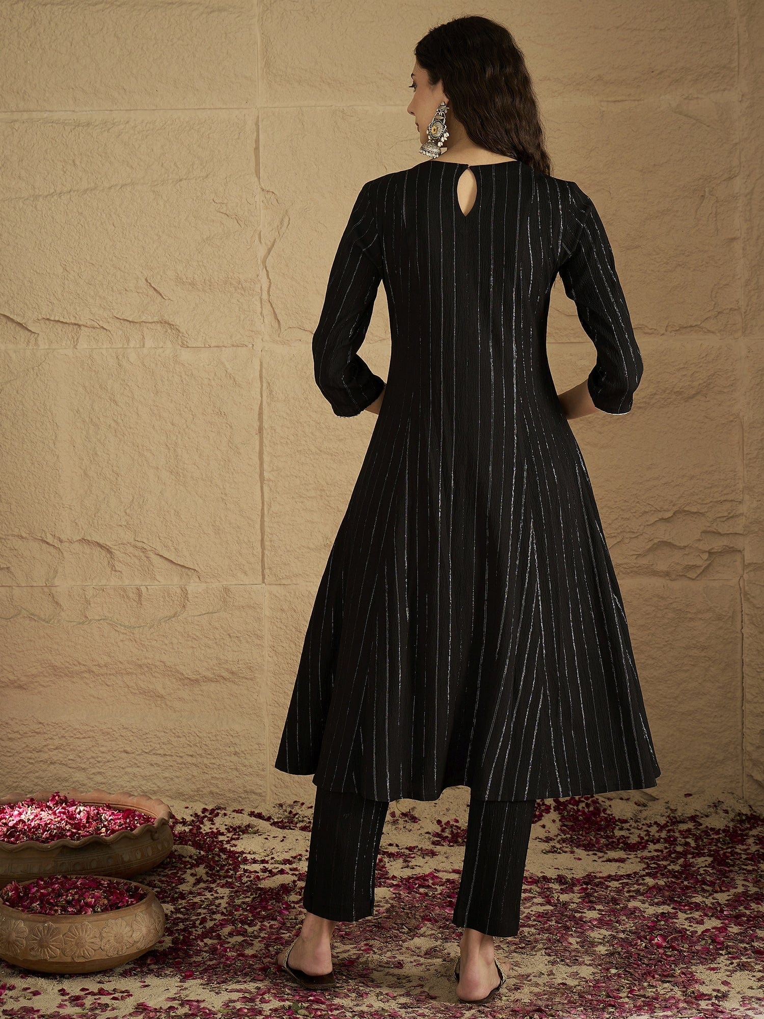 The Kurti Collection Women Black Lurex Crepe Anarkali Kurta With Trousers.