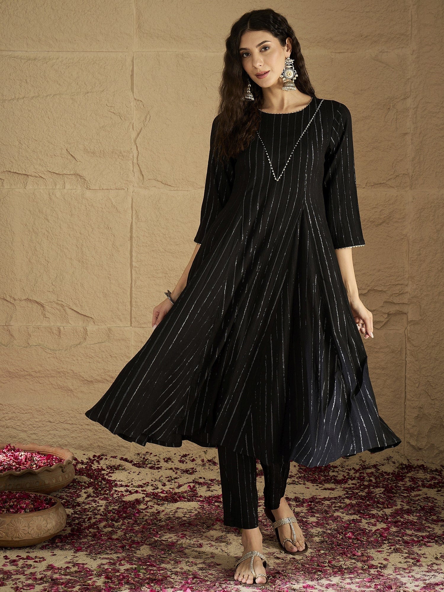 The Kurti Collection Women Black Lurex Crepe Anarkali Kurta With Trousers.