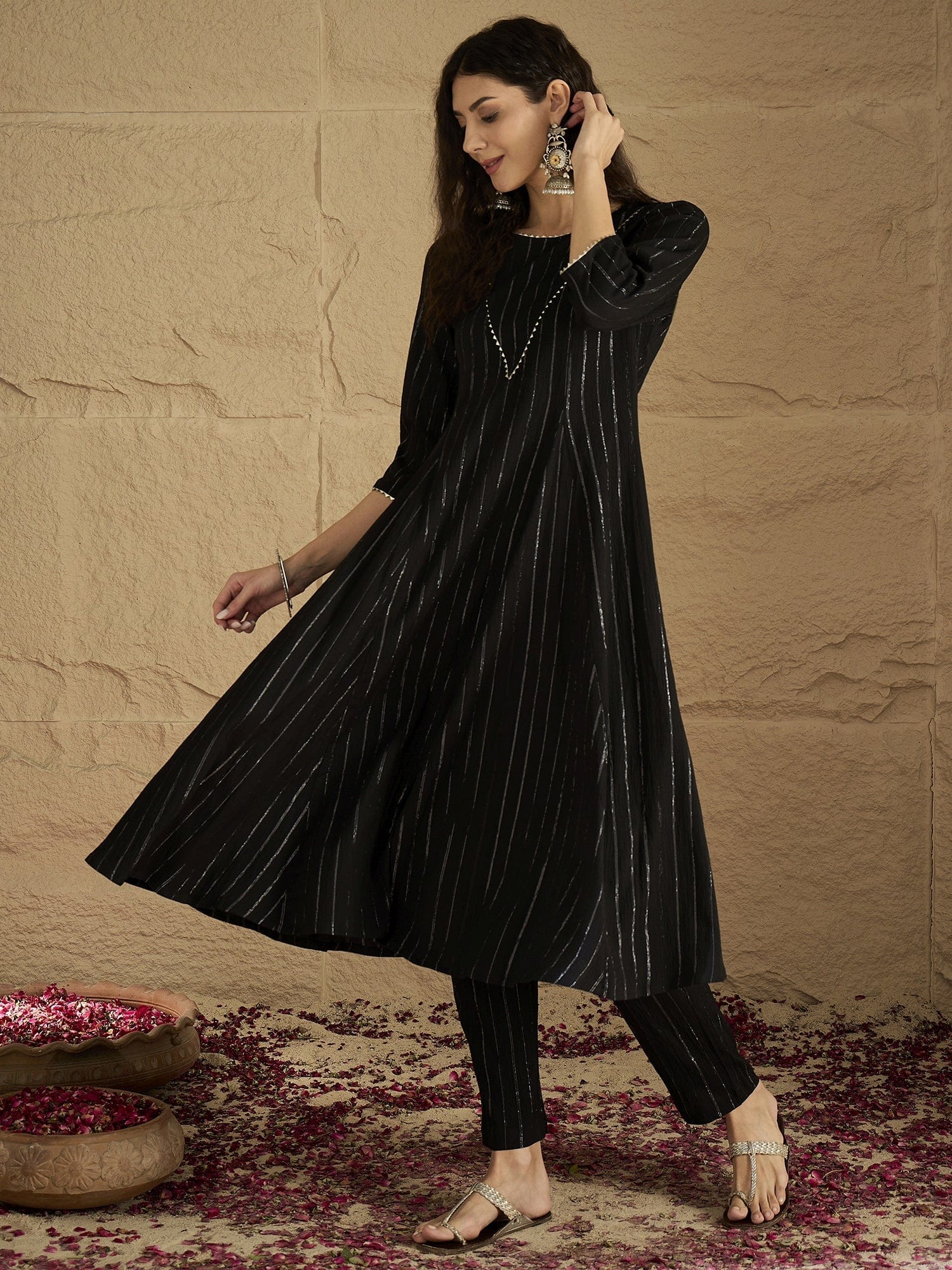 The Kurti Collection Women Black Lurex Crepe Anarkali Kurta With Trousers.