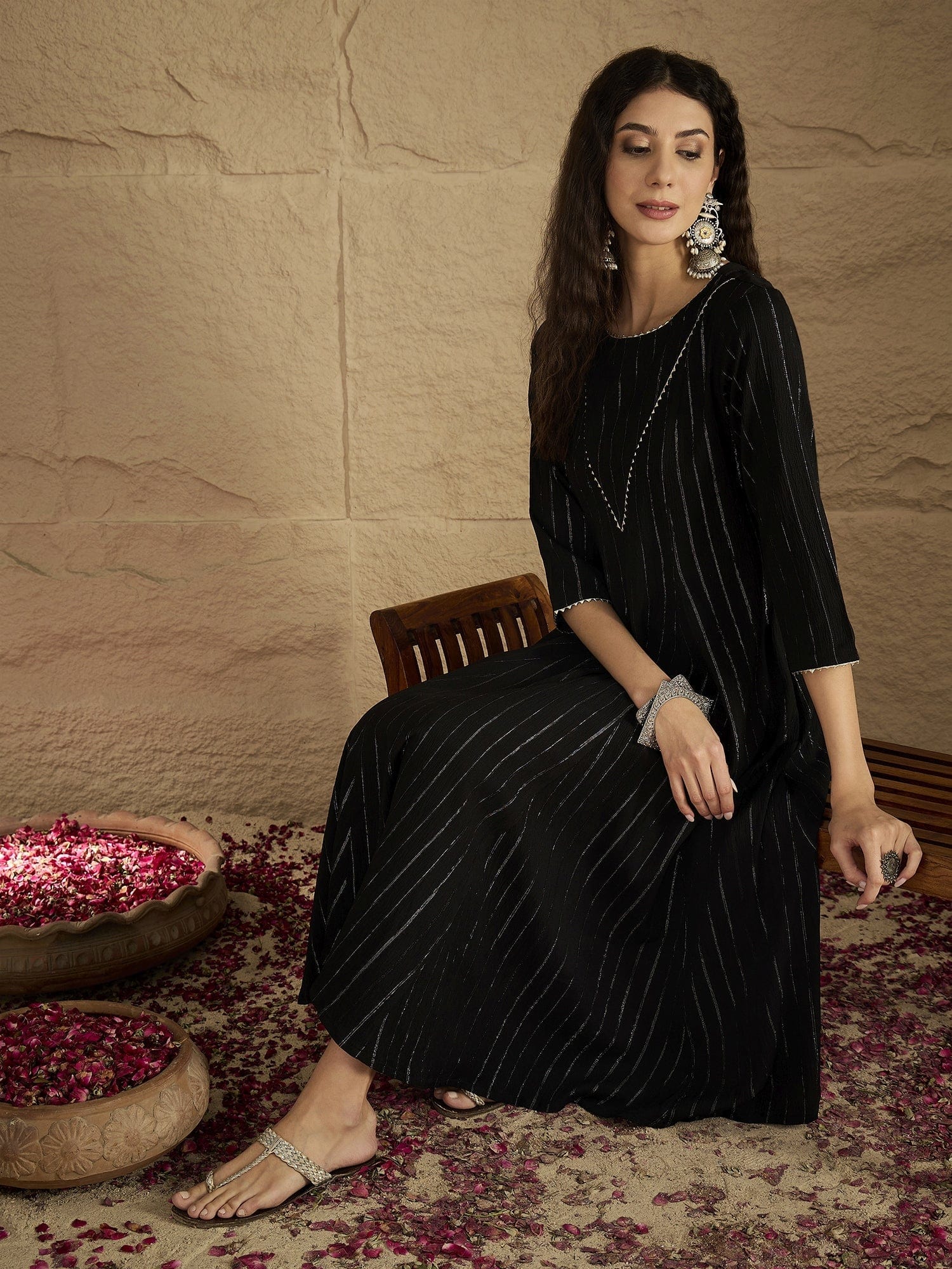 The Kurti Collection Women Black Lurex Crepe Anarkali Kurta With Trousers.