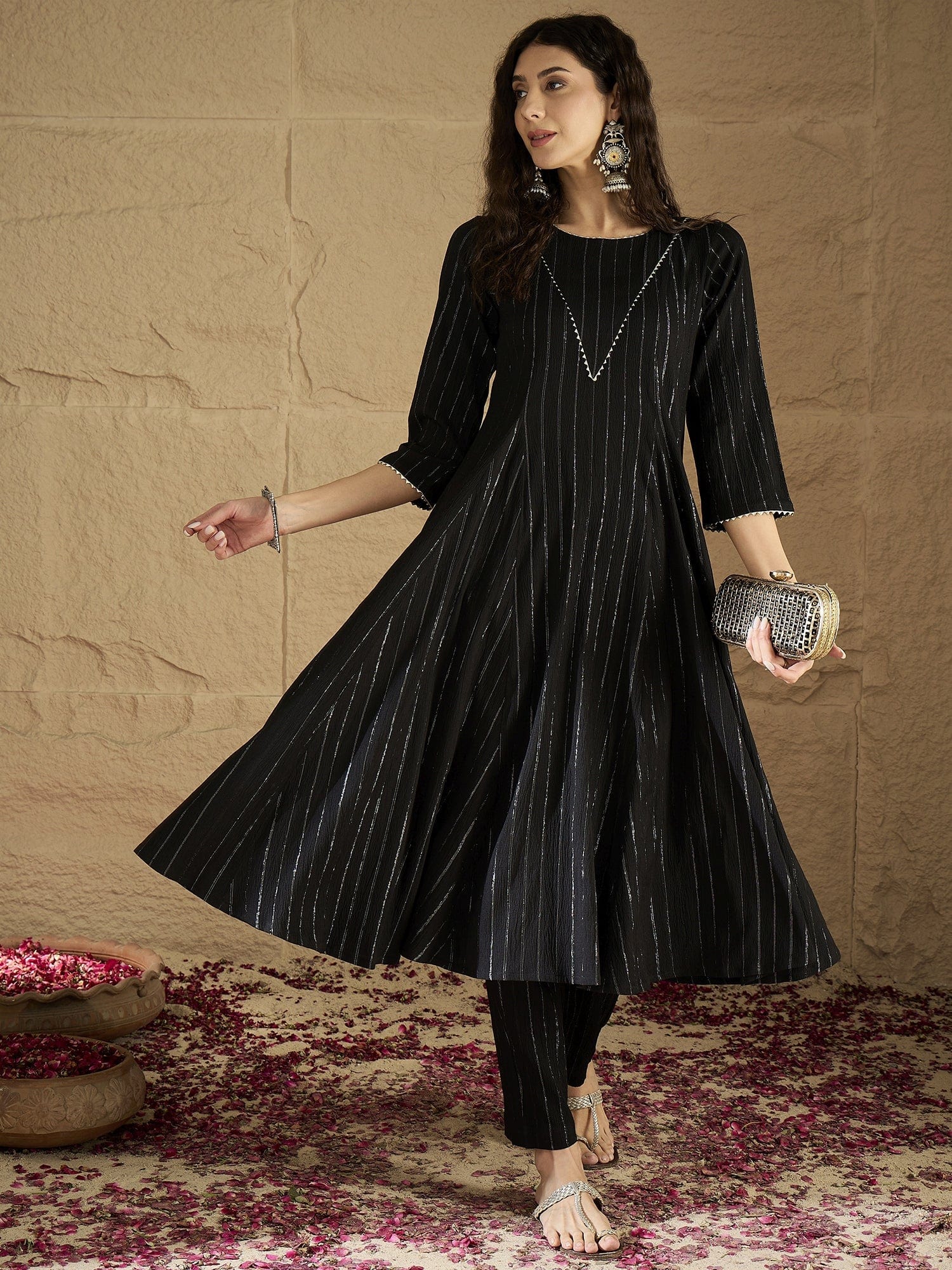 The Kurti Collection Women Black Lurex Crepe Anarkali Kurta With Trousers.