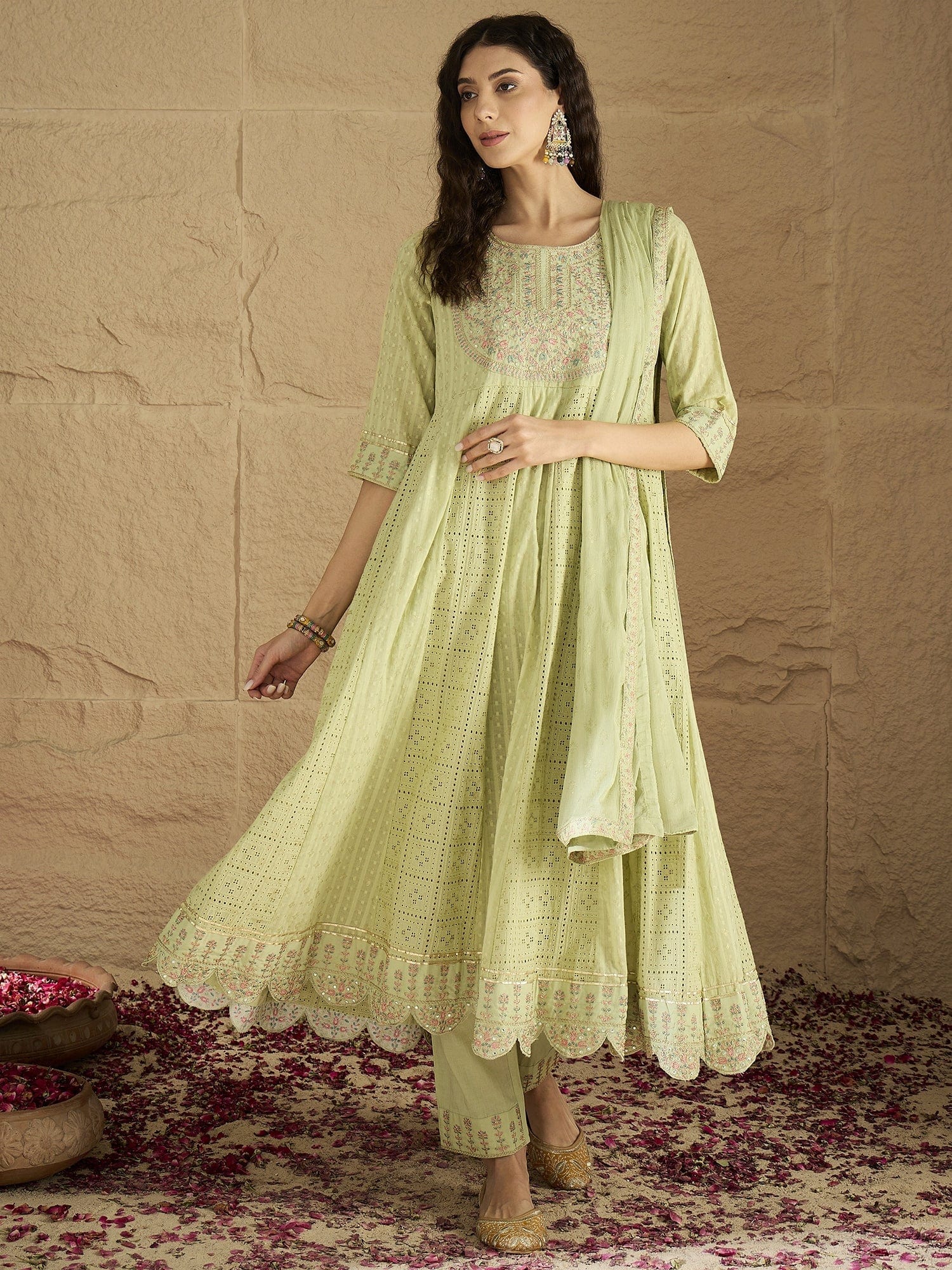 The Kurti Collection Women Lime Green Mirror And Thread Embroidered,Gotta Embellished Scalloped Schiffli Anarkali Kurta Paired Wirh Printed Bottom And Embroidered Dupatta