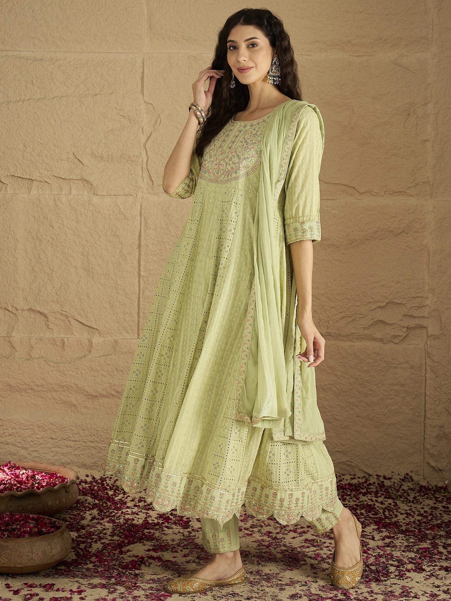 The Kurti Collection Women Lime Green Mirror And Thread Embroidered,Gotta Embellished Scalloped Schiffli Anarkali Kurta Paired Wirh Printed Bottom And Embroidered Dupatta