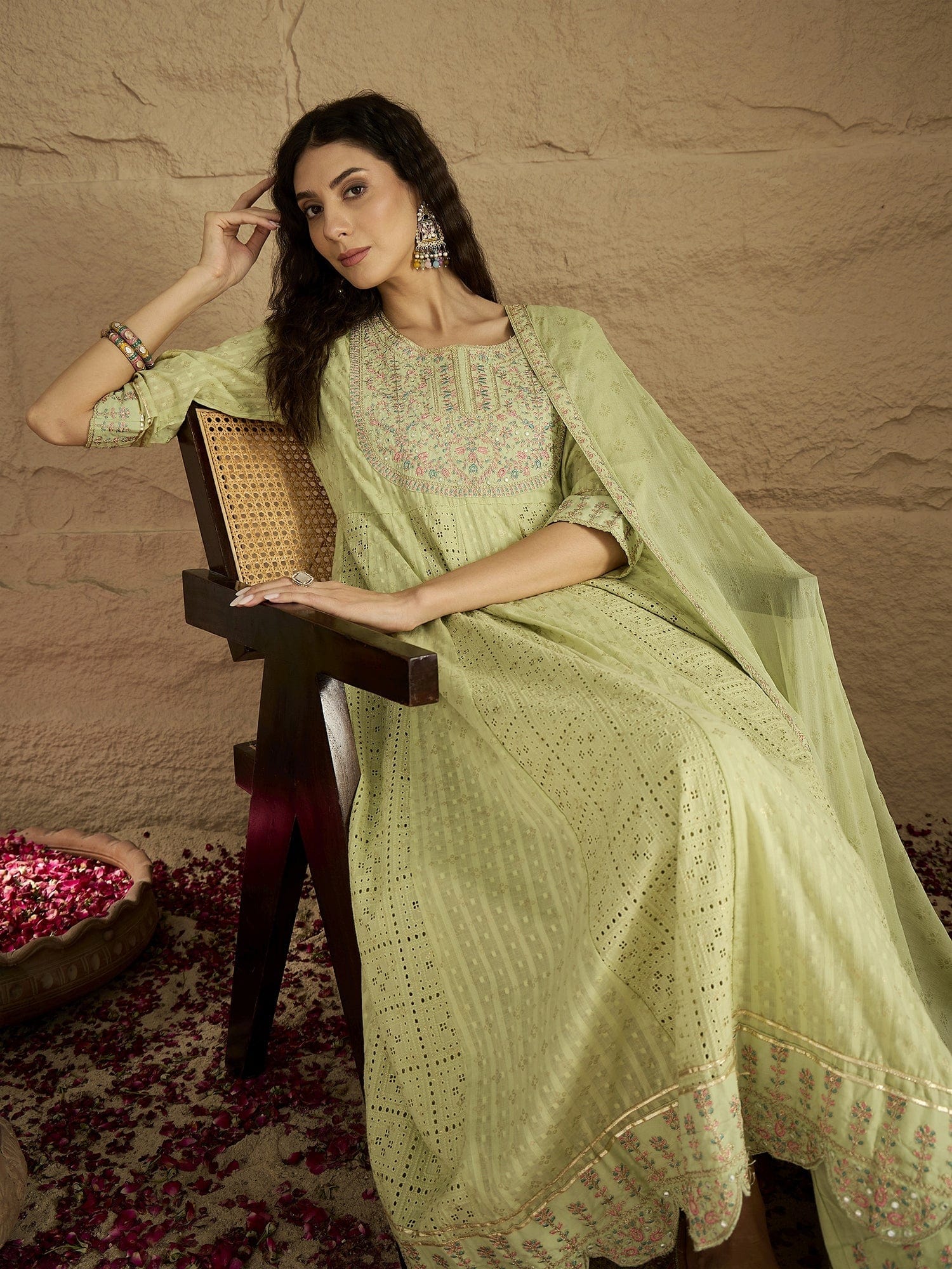 The Kurti Collection Women Lime Green Mirror And Thread Embroidered,Gotta Embellished Scalloped Schiffli Anarkali Kurta Paired Wirh Printed Bottom And Embroidered Dupatta