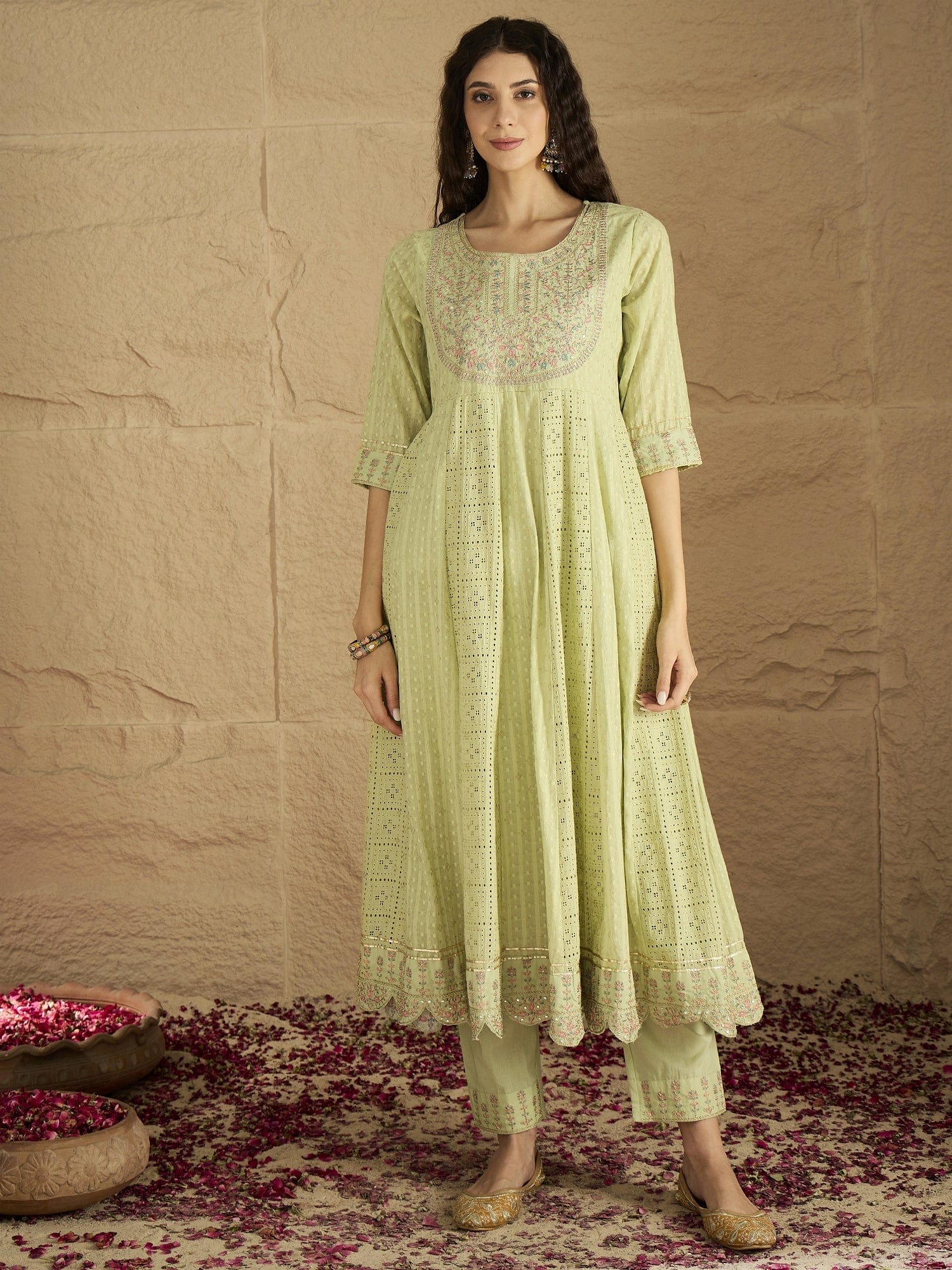 The Kurti Collection Women Lime Green Mirror And Thread Embroidered,Gotta Embellished Scalloped Schiffli Anarkali Kurta Paired Wirh Printed Bottom And Embroidered Dupatta