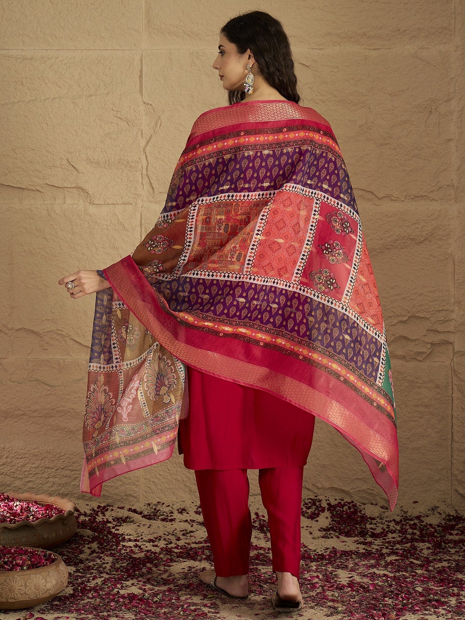 The Kurti Collection Women Pink Round Neck Embroidered Kurta Paired With Tonal Bottom & Printed Dupatta