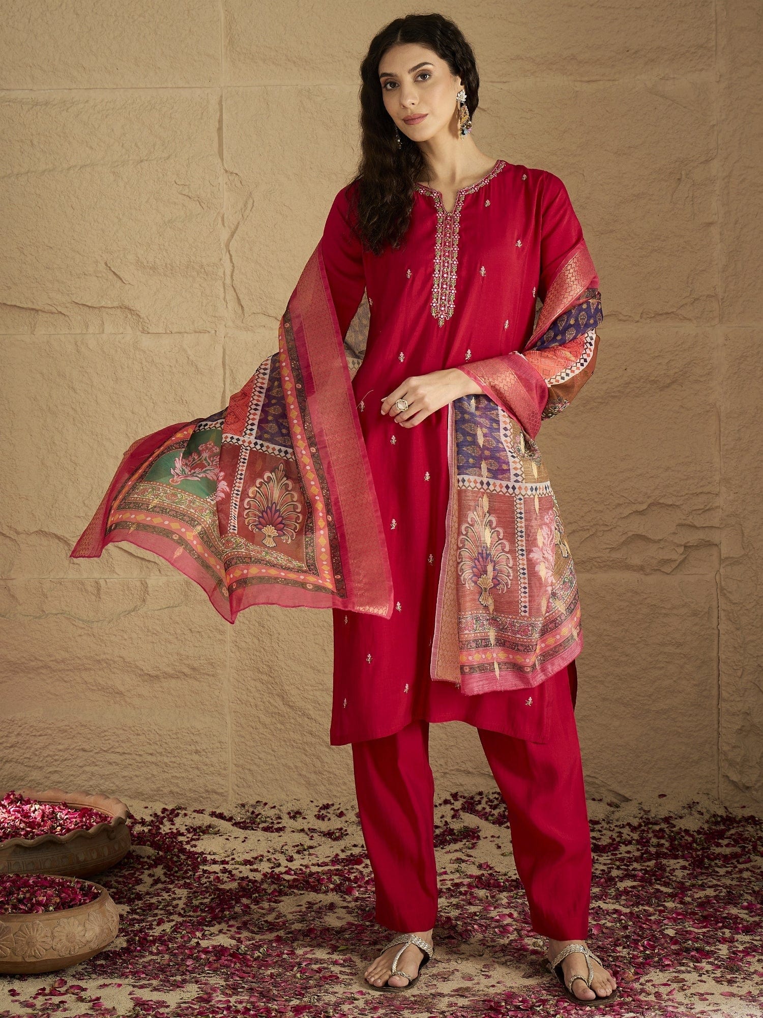 The Kurti Collection Women Pink Round Neck Embroidered Kurta Paired With Tonal Bottom & Printed Dupatta