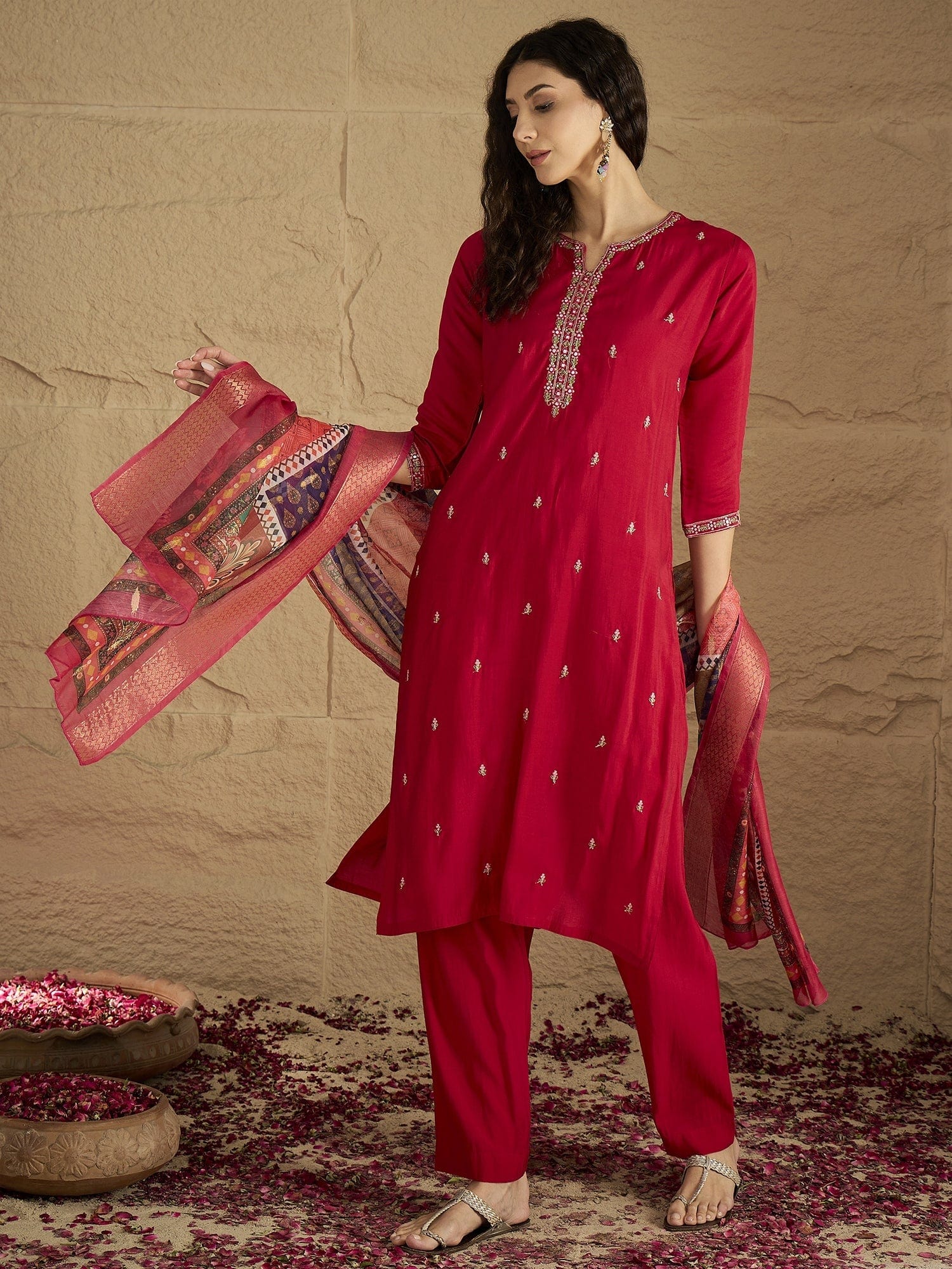 The Kurti Collection Women Pink Round Neck Embroidered Kurta Paired With Tonal Bottom & Printed Dupatta