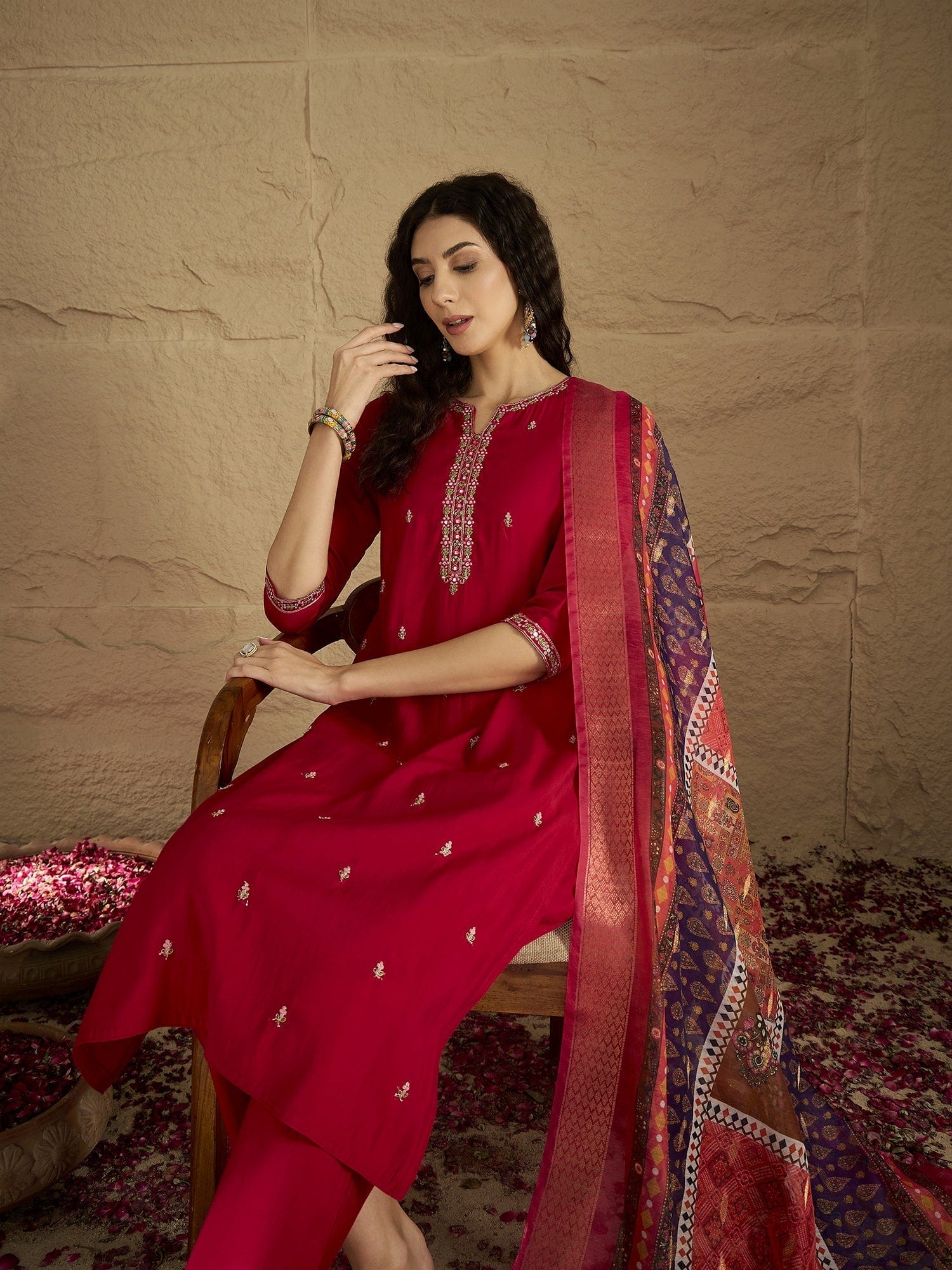 The Kurti Collection Women Pink Round Neck Embroidered Kurta Paired With Tonal Bottom & Printed Dupatta