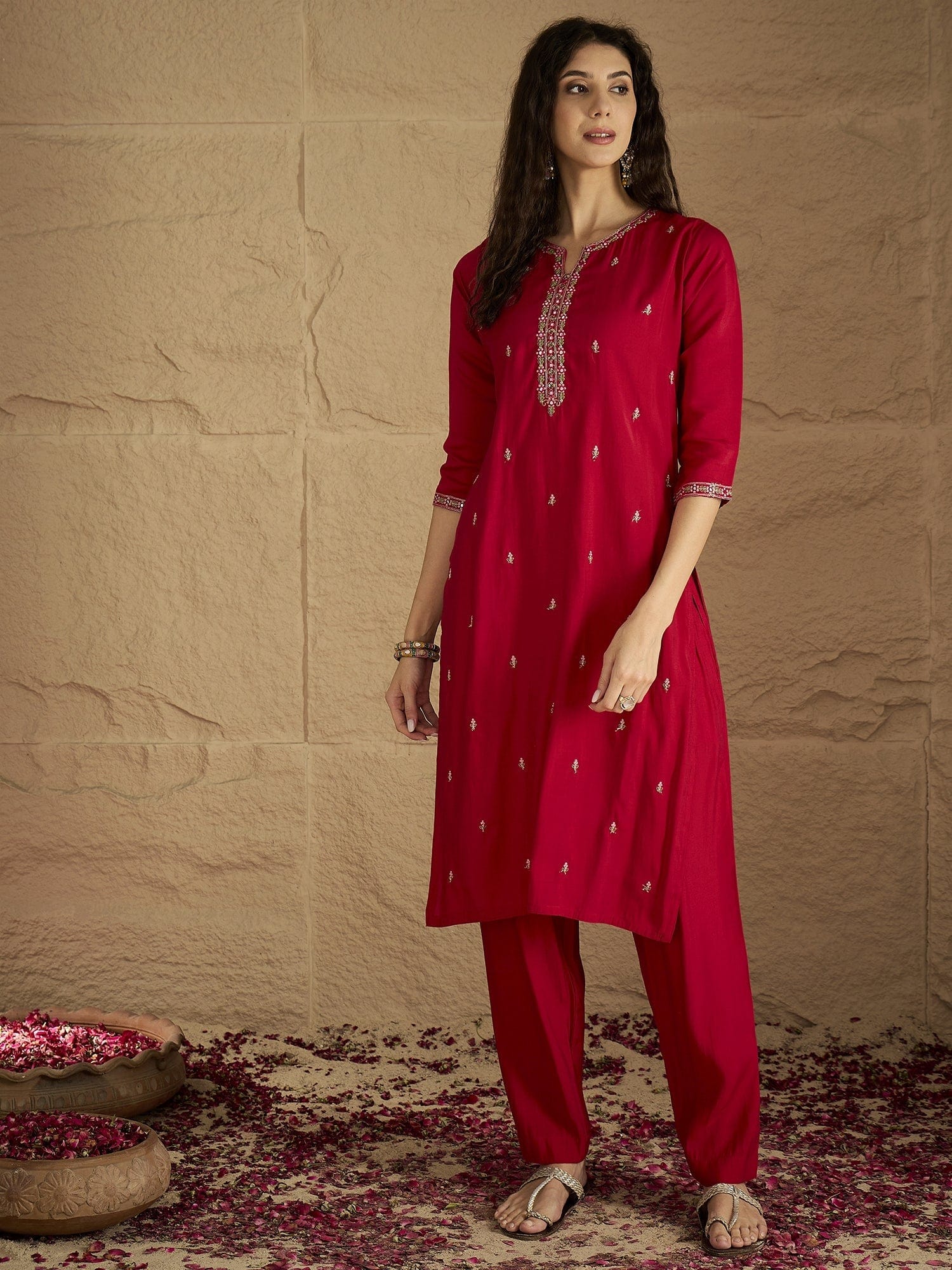 The Kurti Collection Women Pink Round Neck Embroidered Kurta Paired With Tonal Bottom & Printed Dupatta