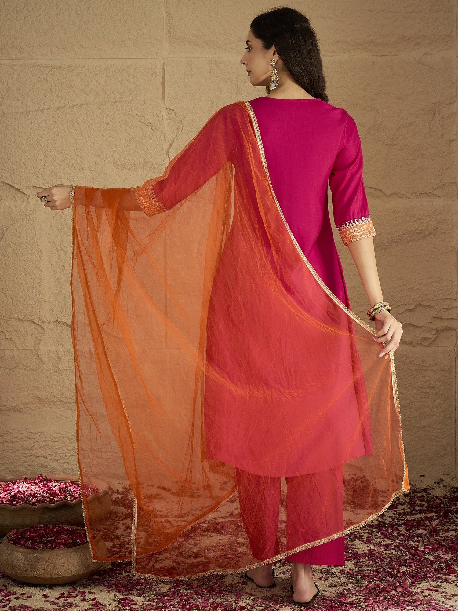 The Kurti Collection Women Pink Zari Embroidered Contrast Yoke Kurta With Bottom And Contrast Dupatta