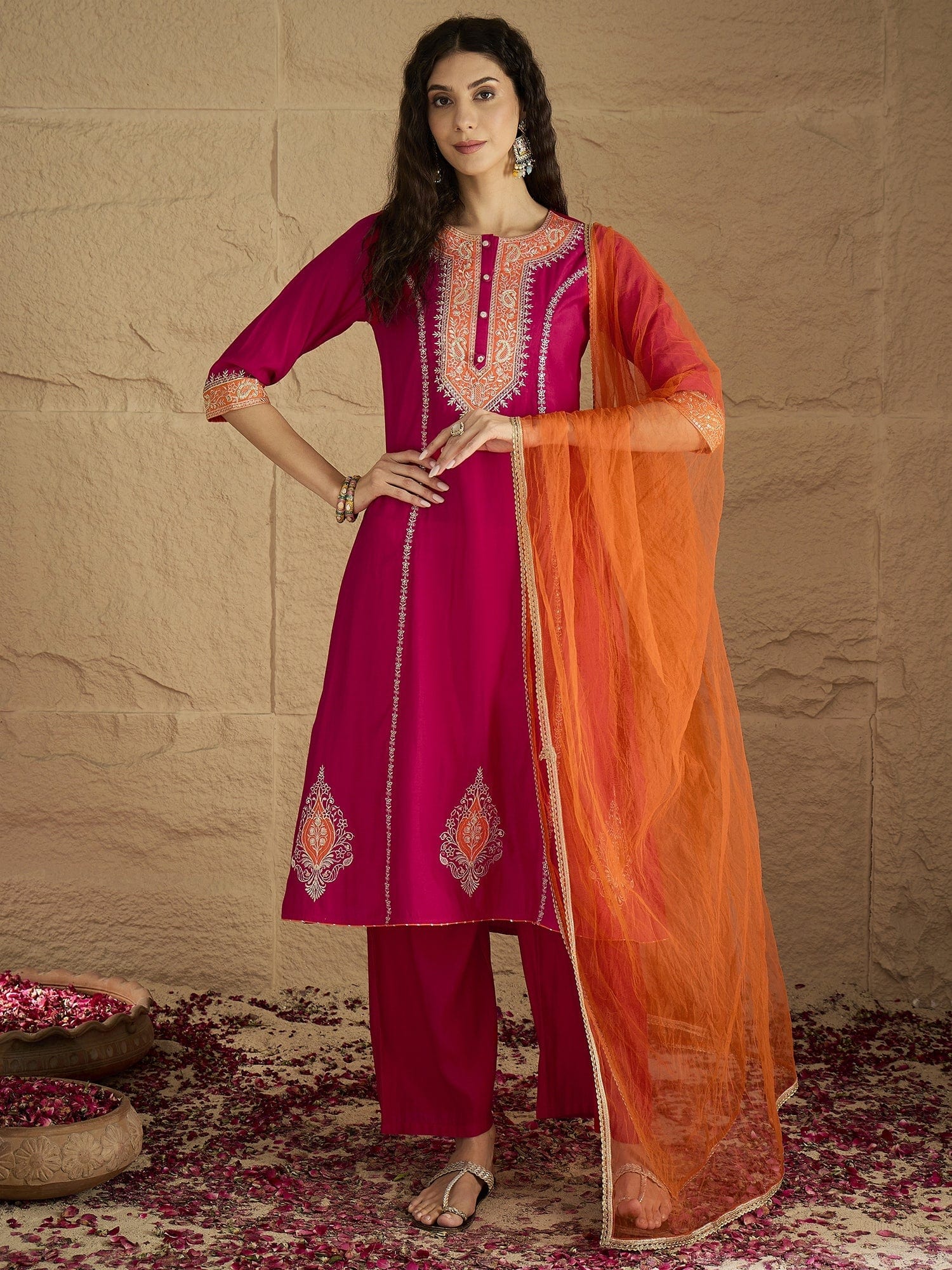 The Kurti Collection Women Pink Zari Embroidered Contrast Yoke Kurta With Bottom And Contrast Dupatta