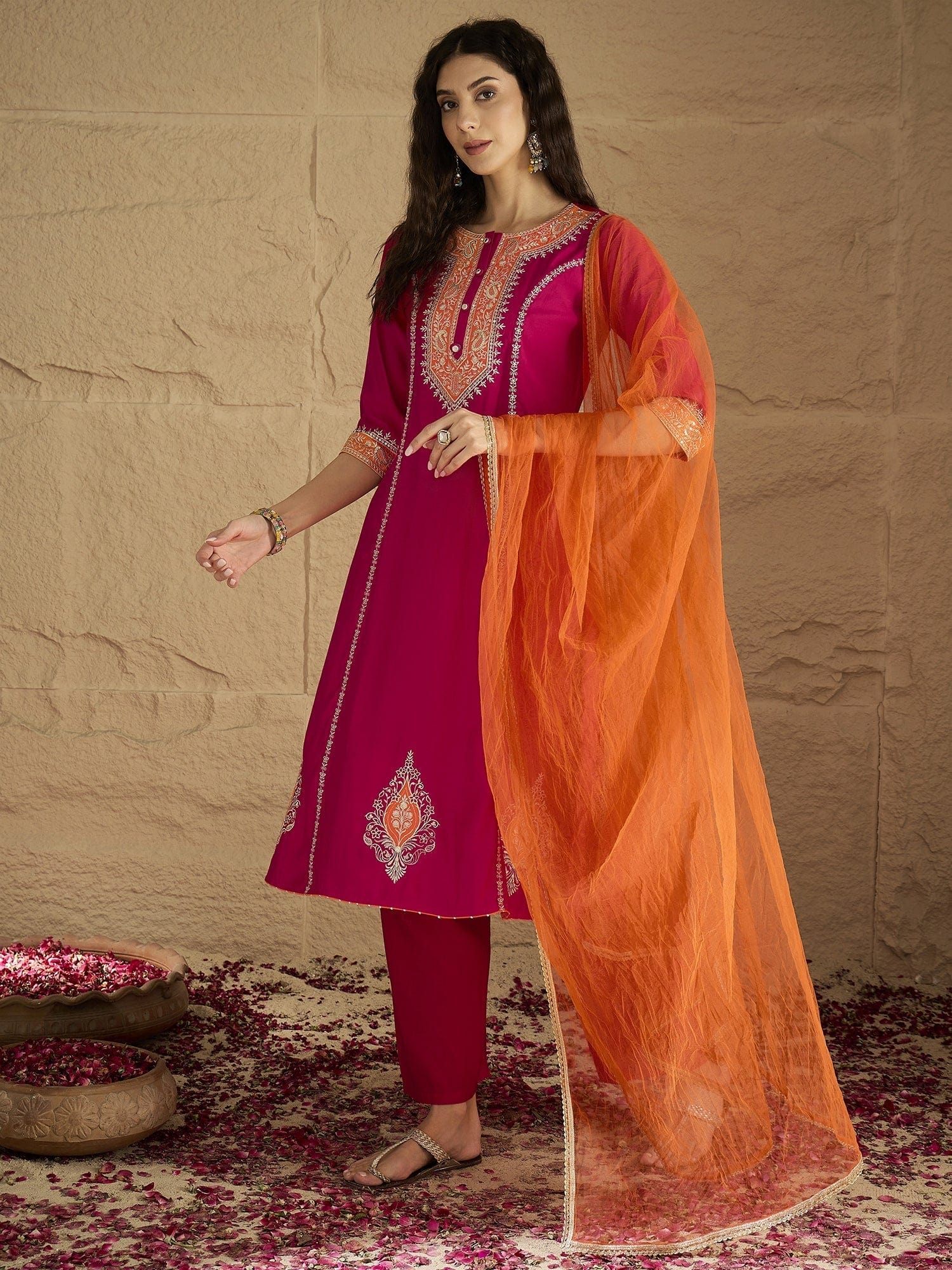 The Kurti Collection Women Pink Zari Embroidered Contrast Yoke Kurta With Bottom And Contrast Dupatta