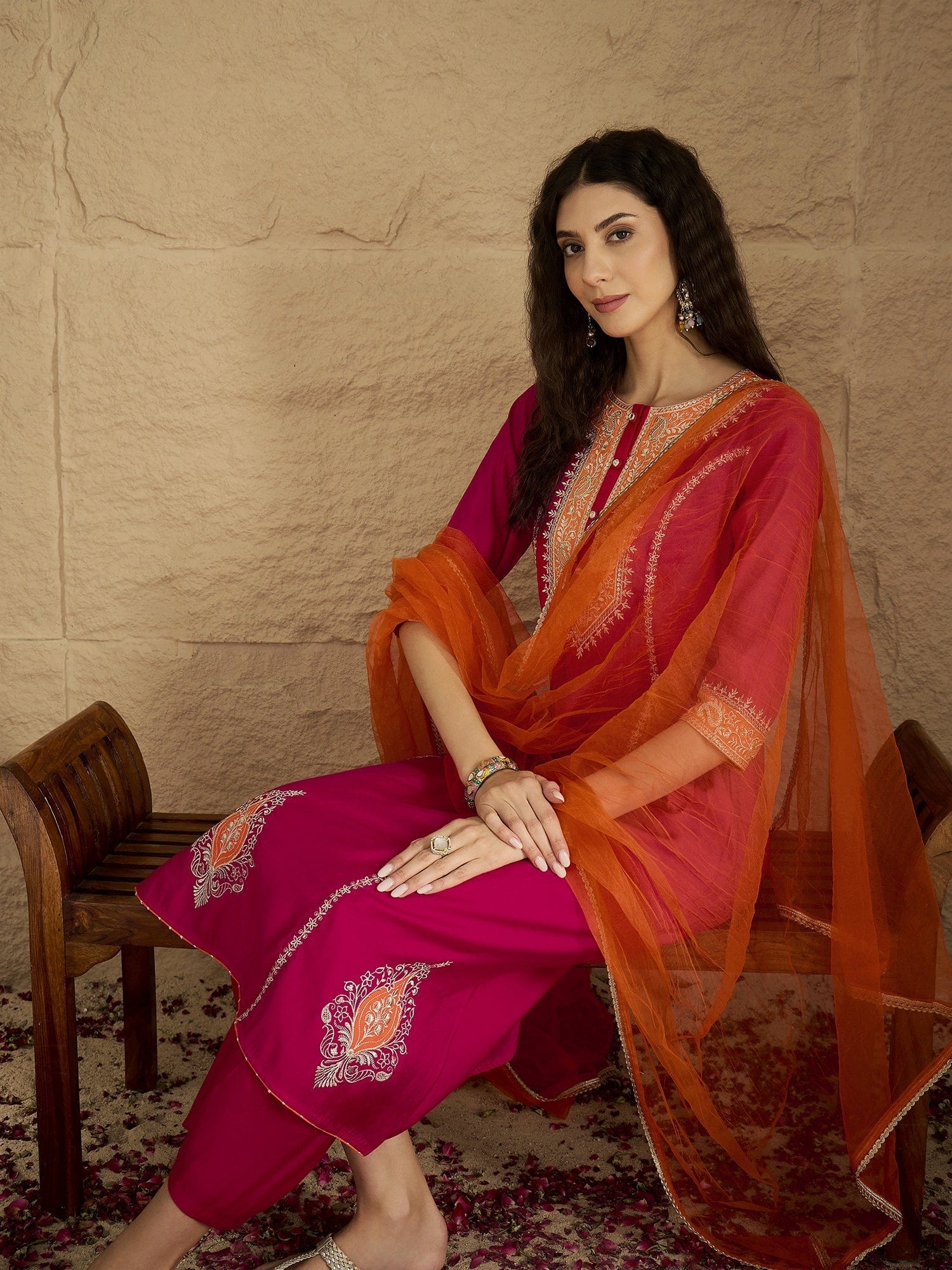The Kurti Collection Women Pink Zari Embroidered Contrast Yoke Kurta With Bottom And Contrast Dupatta