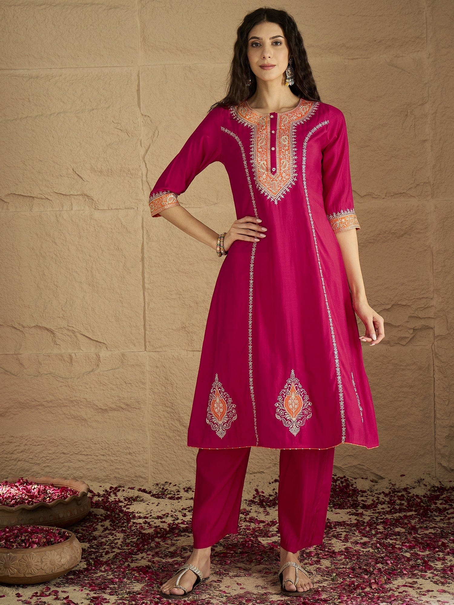 The Kurti Collection Women Pink Zari Embroidered Contrast Yoke Kurta With Bottom And Contrast Dupatta